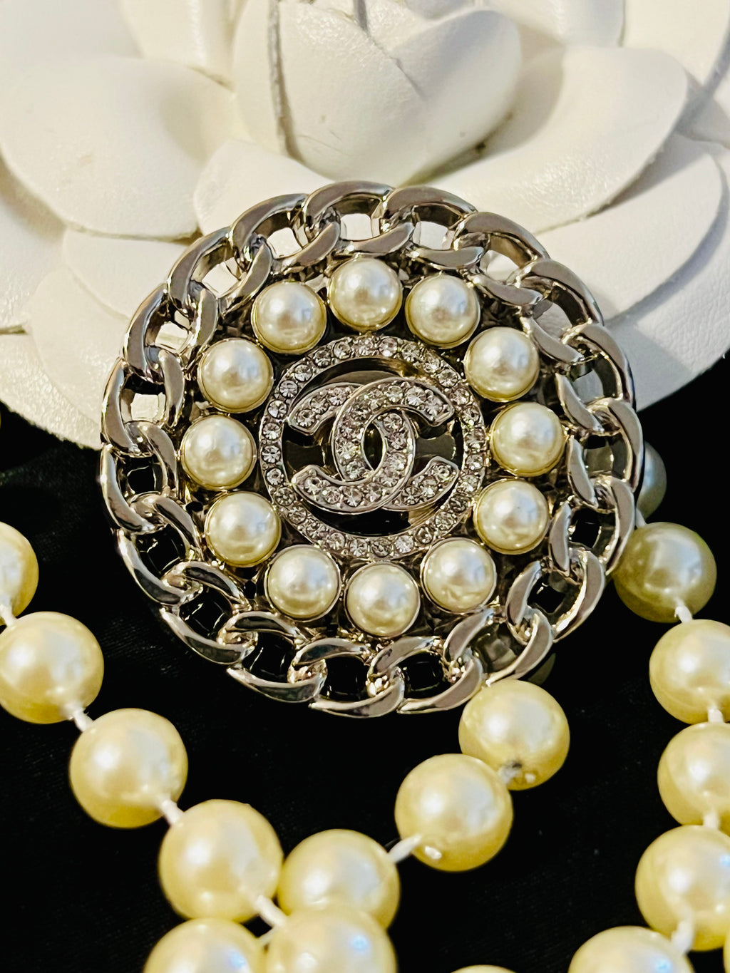 CHANEL Silver Iconic Brooch Featuring Pearl & Stunning Crystal Accents H