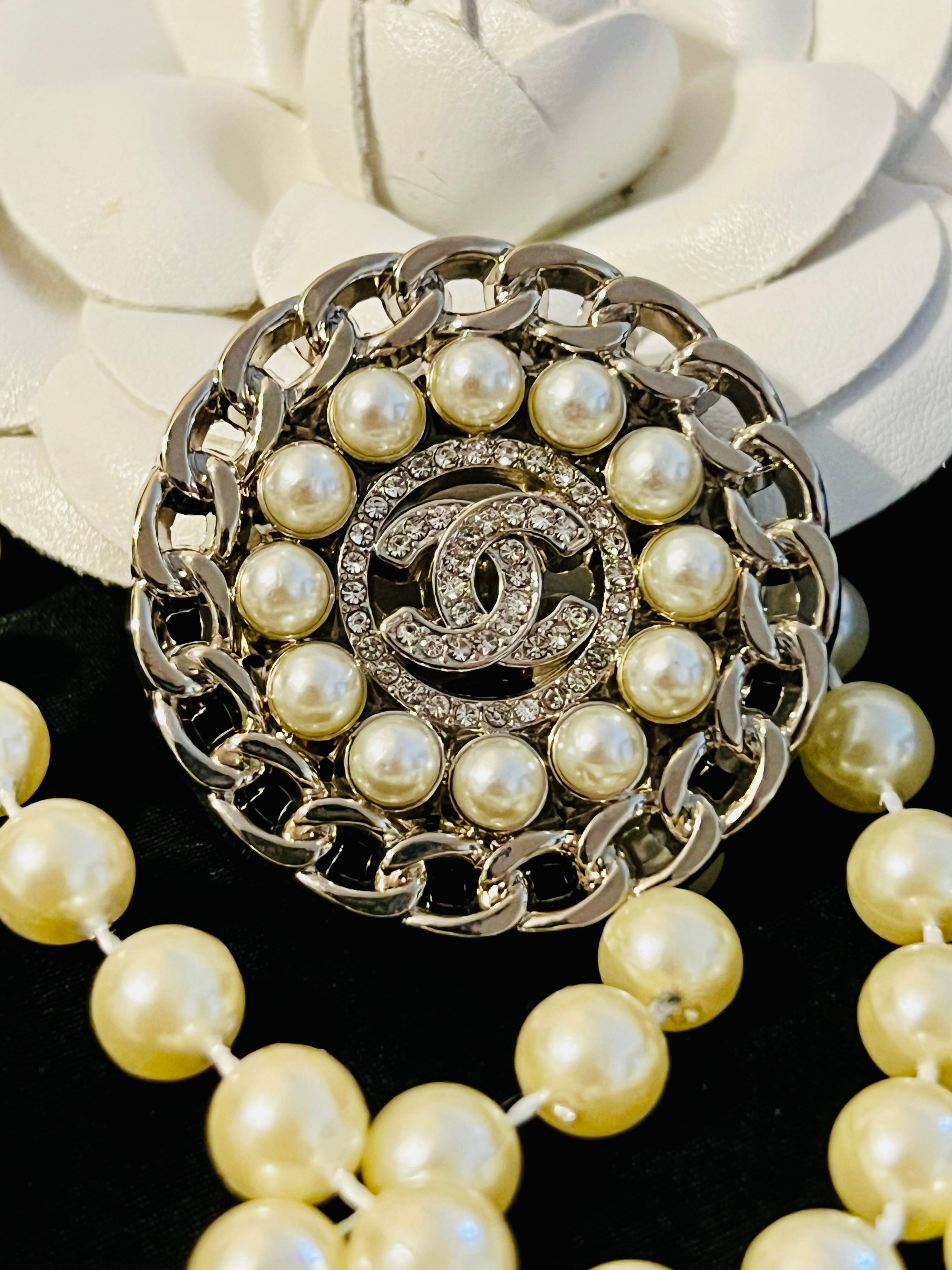 CHANEL Silver Iconic Brooch Featuring Pearl & Stunning Crystal Accents H