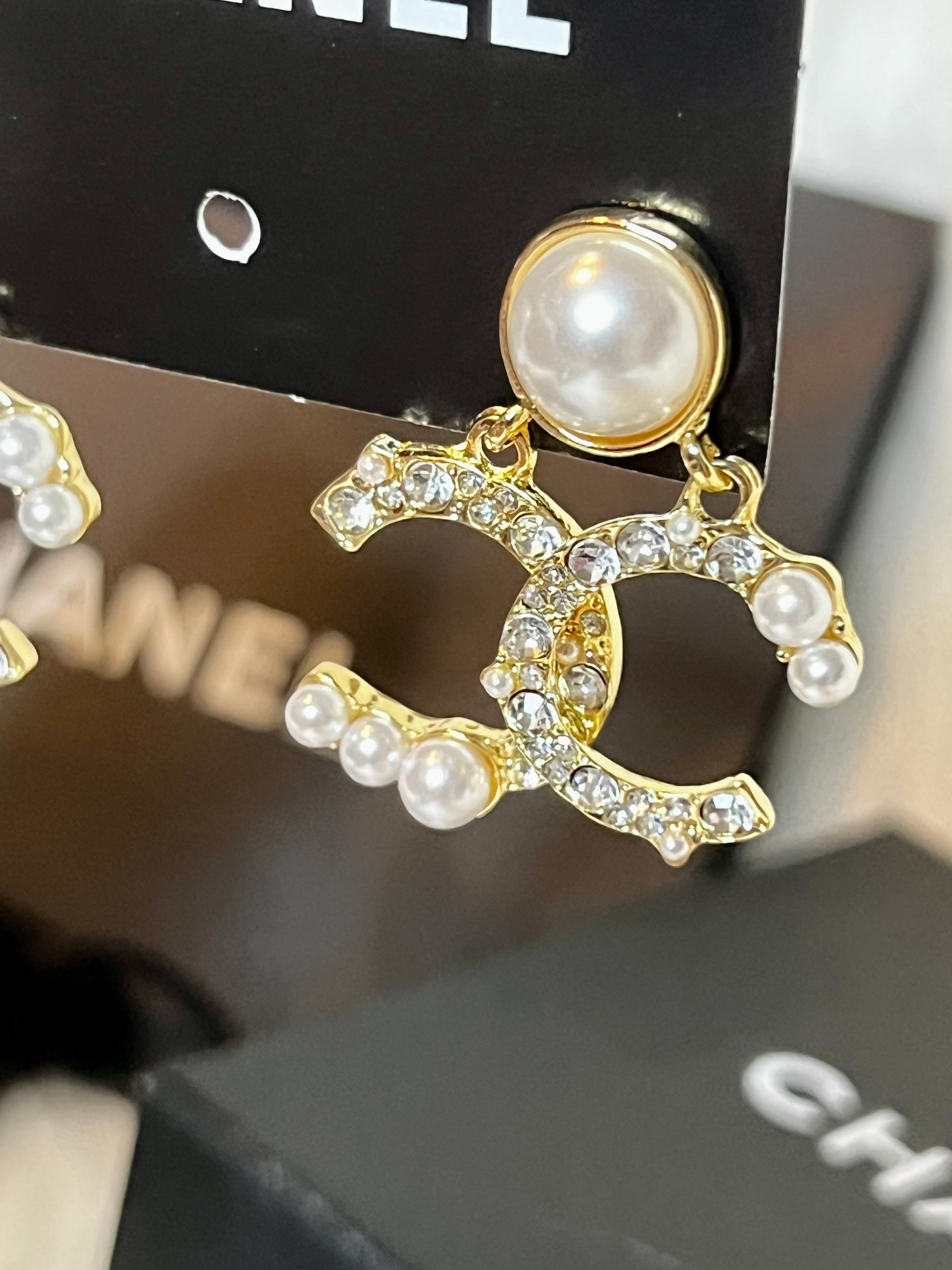 CHANEL Gold with Pearl & Crystal Accent Earrings