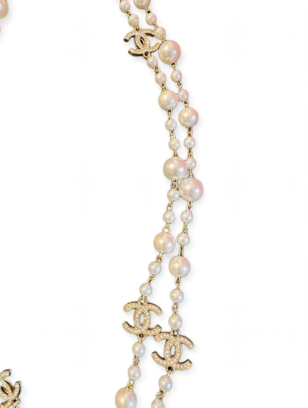 Vintage Chanel Long Pearl Sautoir Necklace - Gold Chain with Graduated Pearls & Crystal CC Charms - 36"