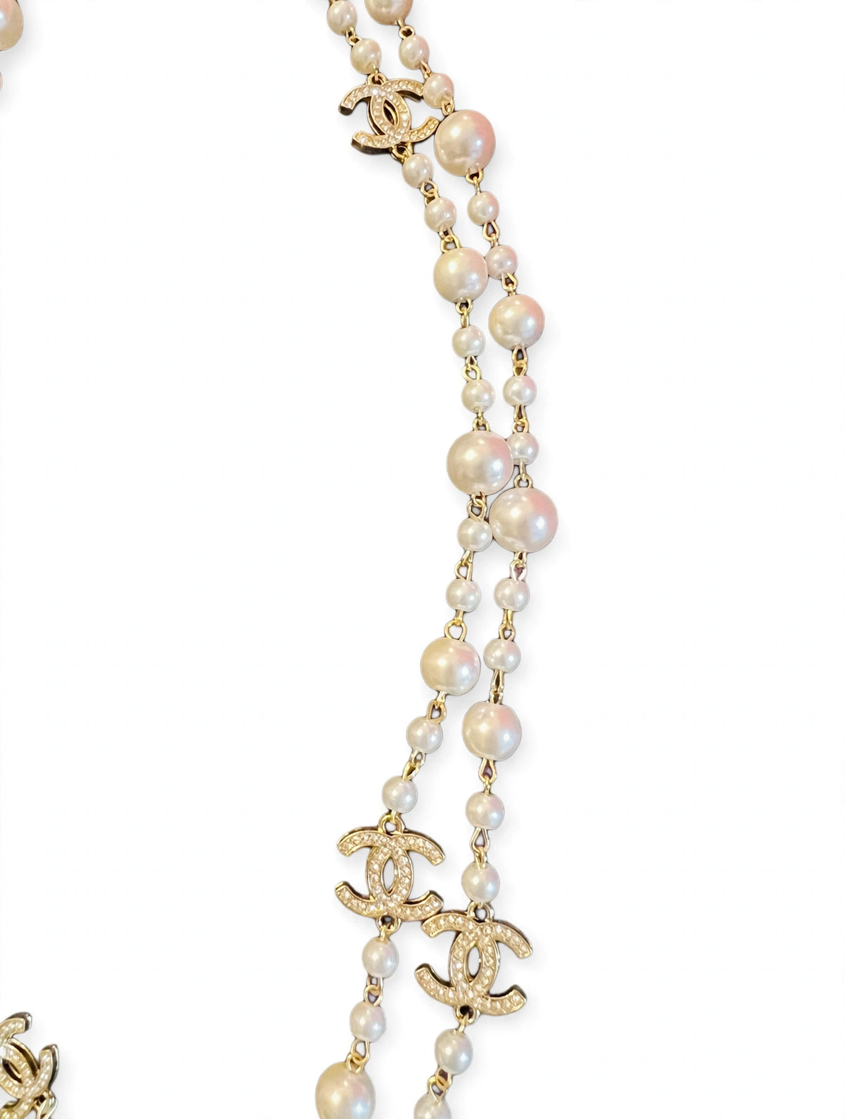 Vintage Chanel Long Pearl Sautoir Necklace - Gold Chain with Graduated Pearls & Crystal CC Charms - 36"