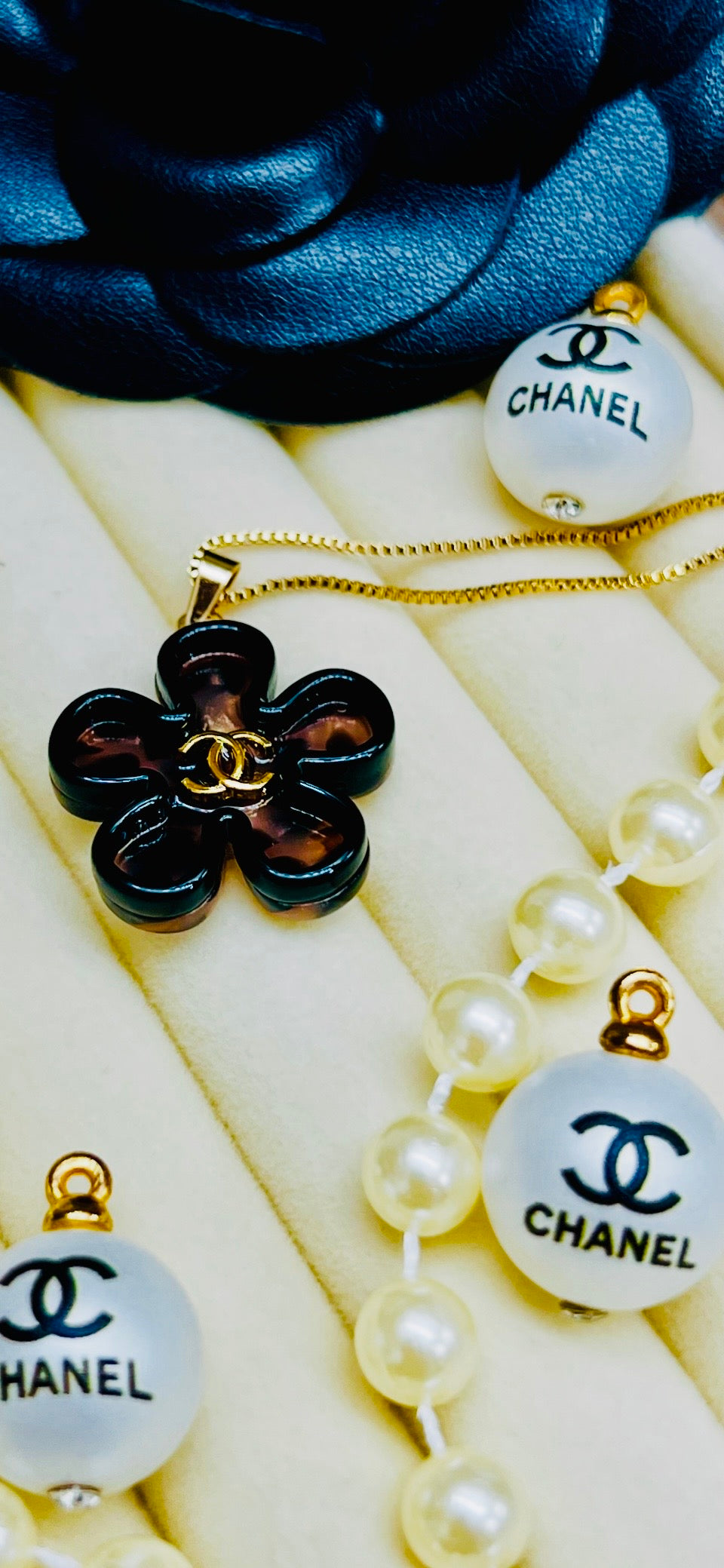 CHANEL Cheetah Print with Gold Lettering Flower Style Pendant Necklace