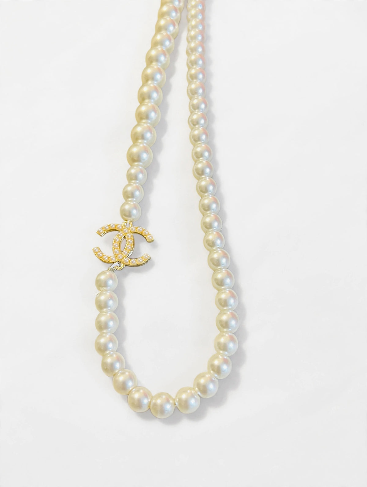 CHANEL Double Strand Pearl Necklace w/ Crystal CC Logos - Graduated Faux Pearls, Gold Tone Extender Chain