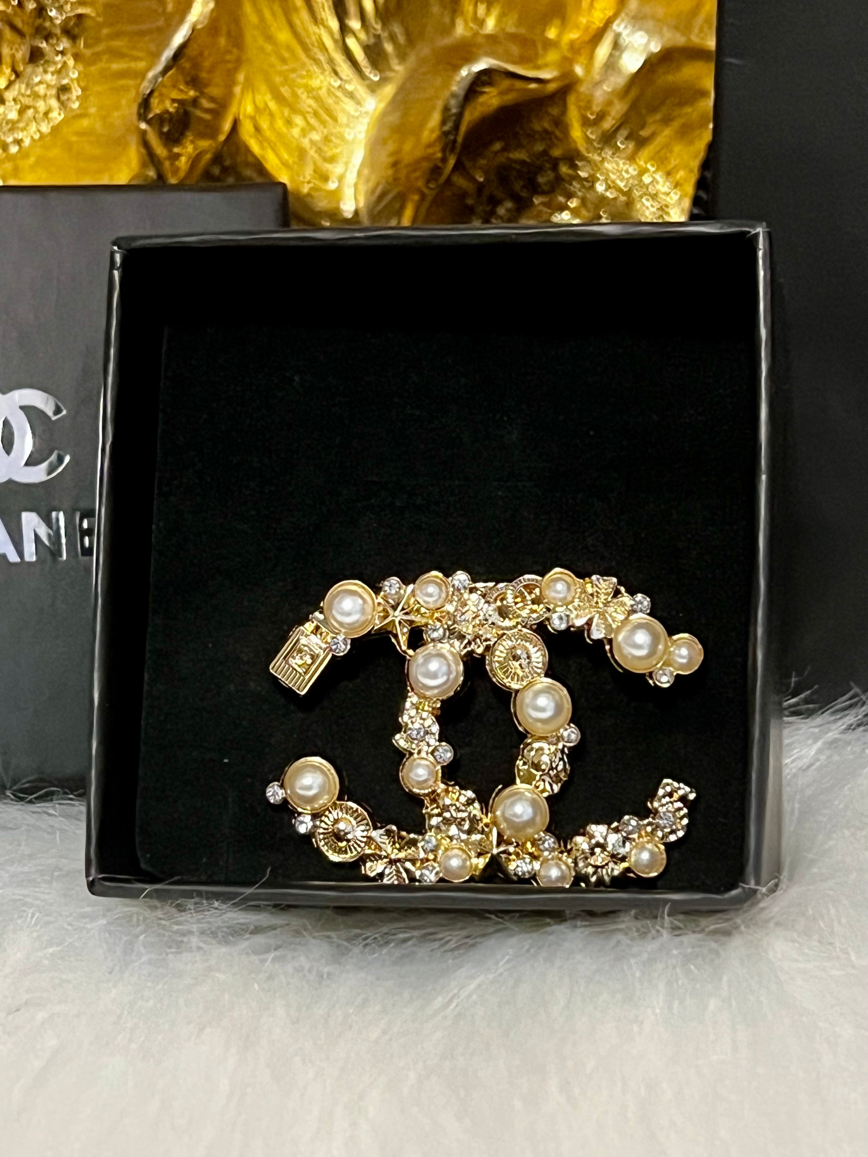 CHANEL Gold with Pearl & Crystal Accent Brooch K