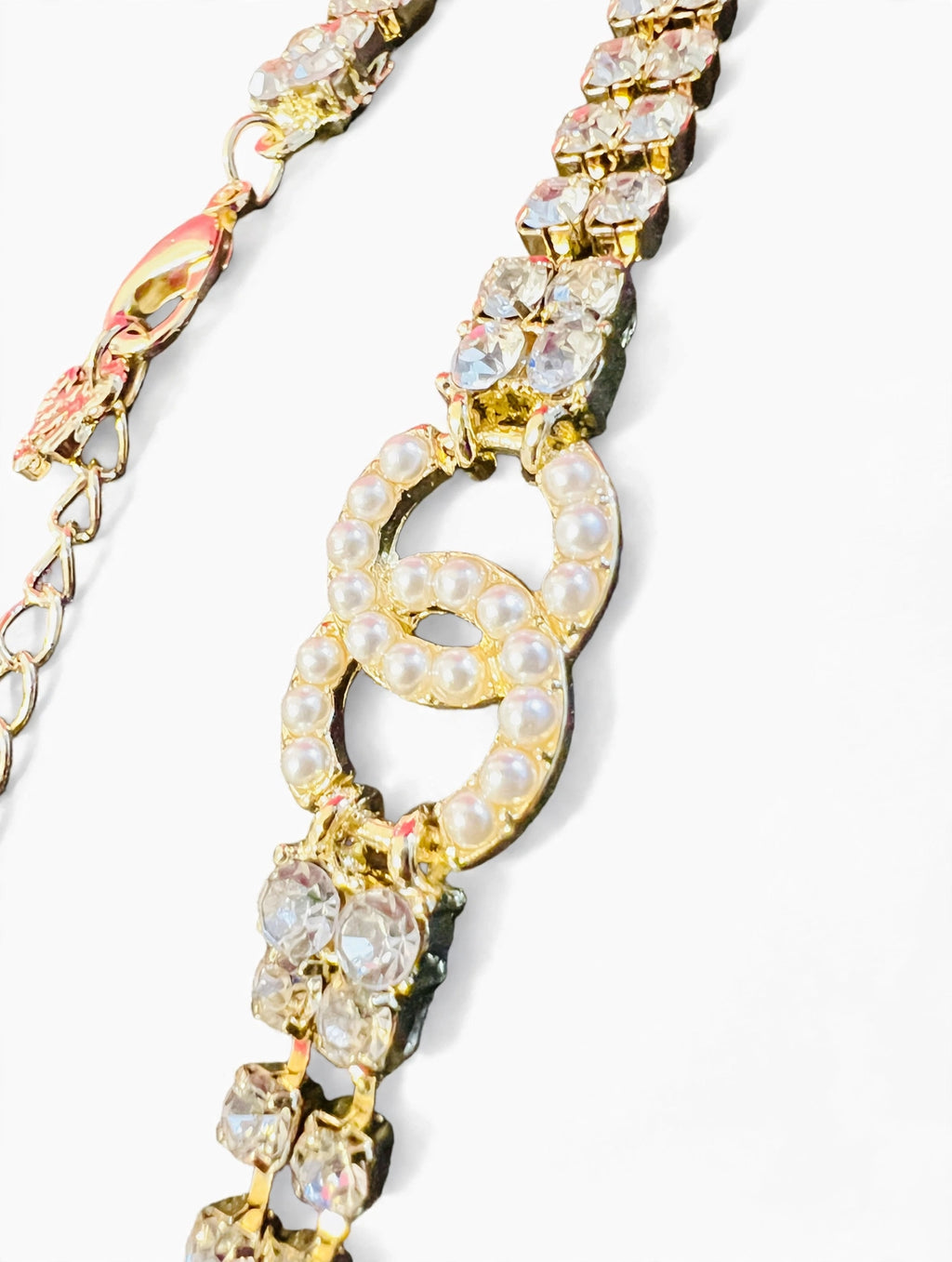 CHANEL Style Gold CC Pearl Crystal Baguette Choker Necklace / 2022 Collection Tennis Choker