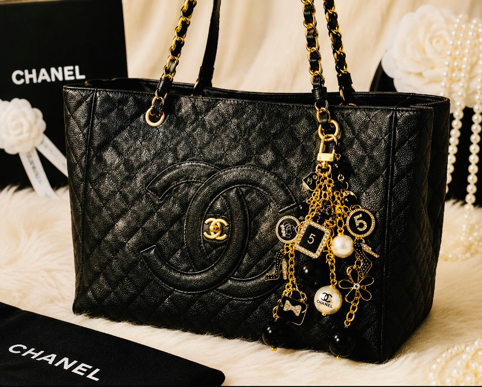 Chanel Inspired all Black Glam Style Bag Charm Keychain- Rhinestone No 5, Stilettos, bow, bag, flower