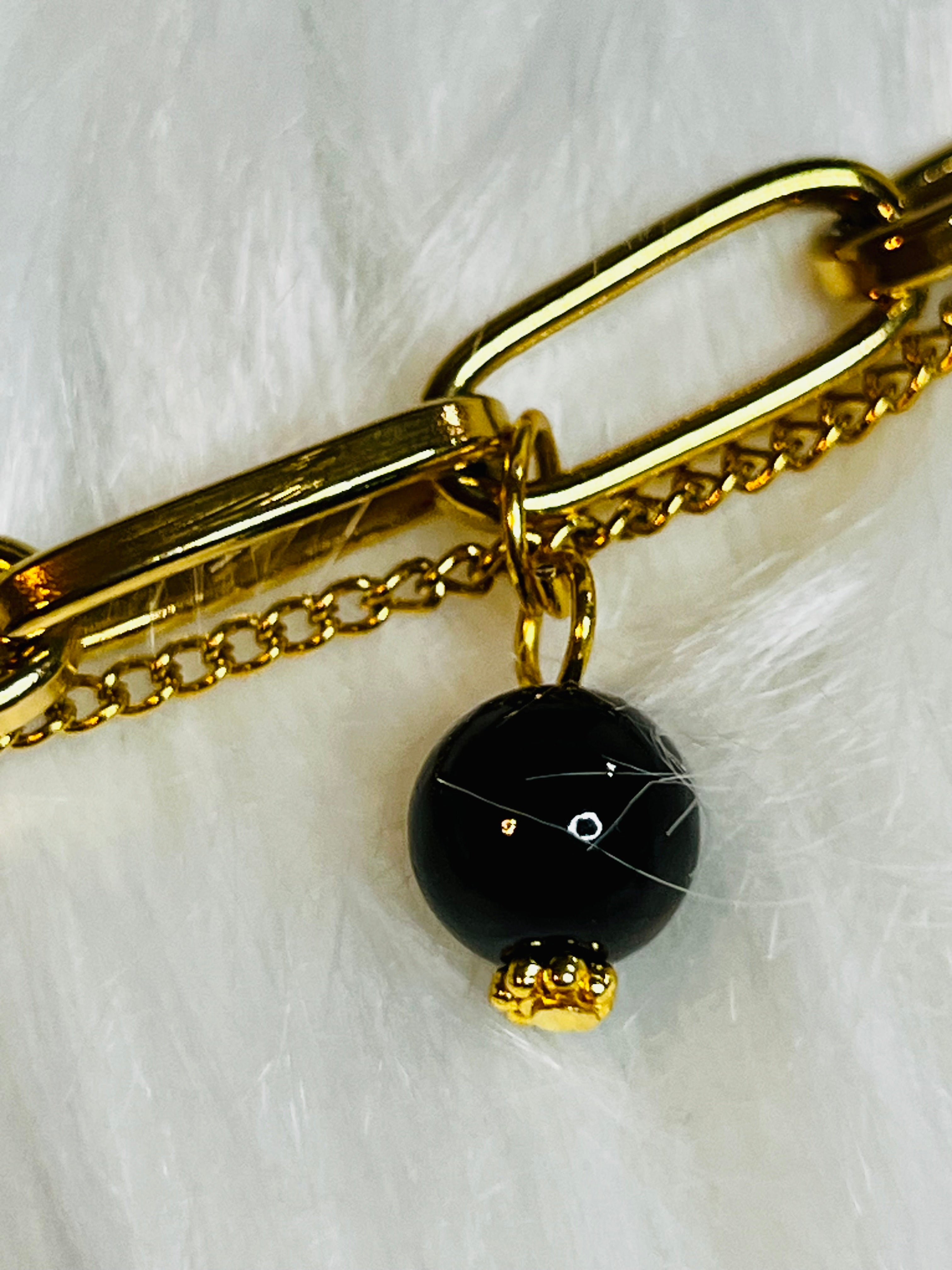 CHANEL Gold & Black Charm Chain Bracelet Heart Dangle