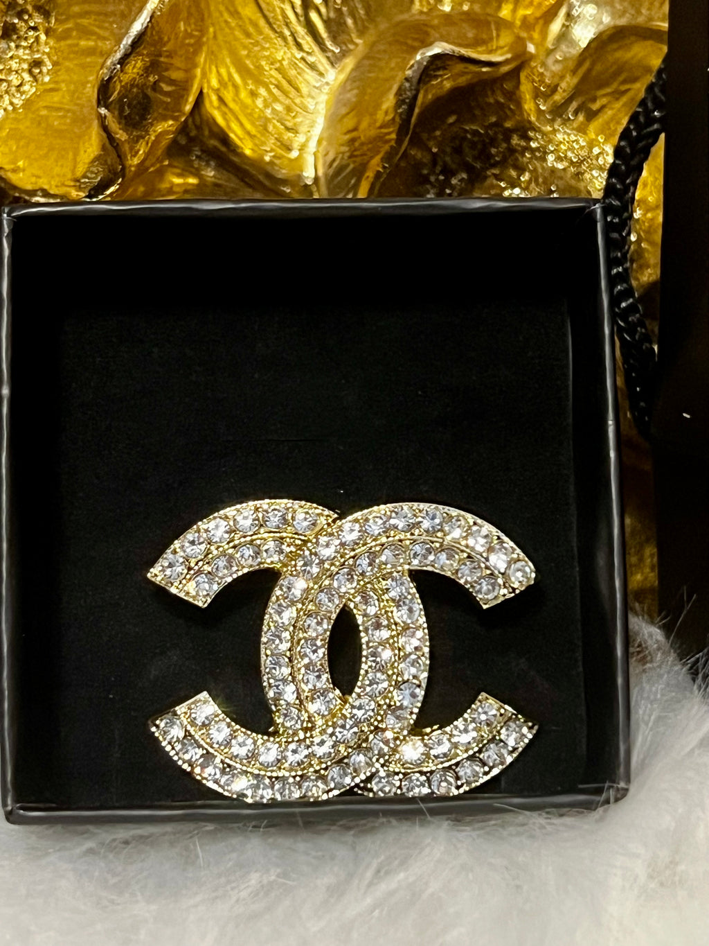 CHANEL Iconic Logo Brooch Gold with Stunning Crystal AccentsB