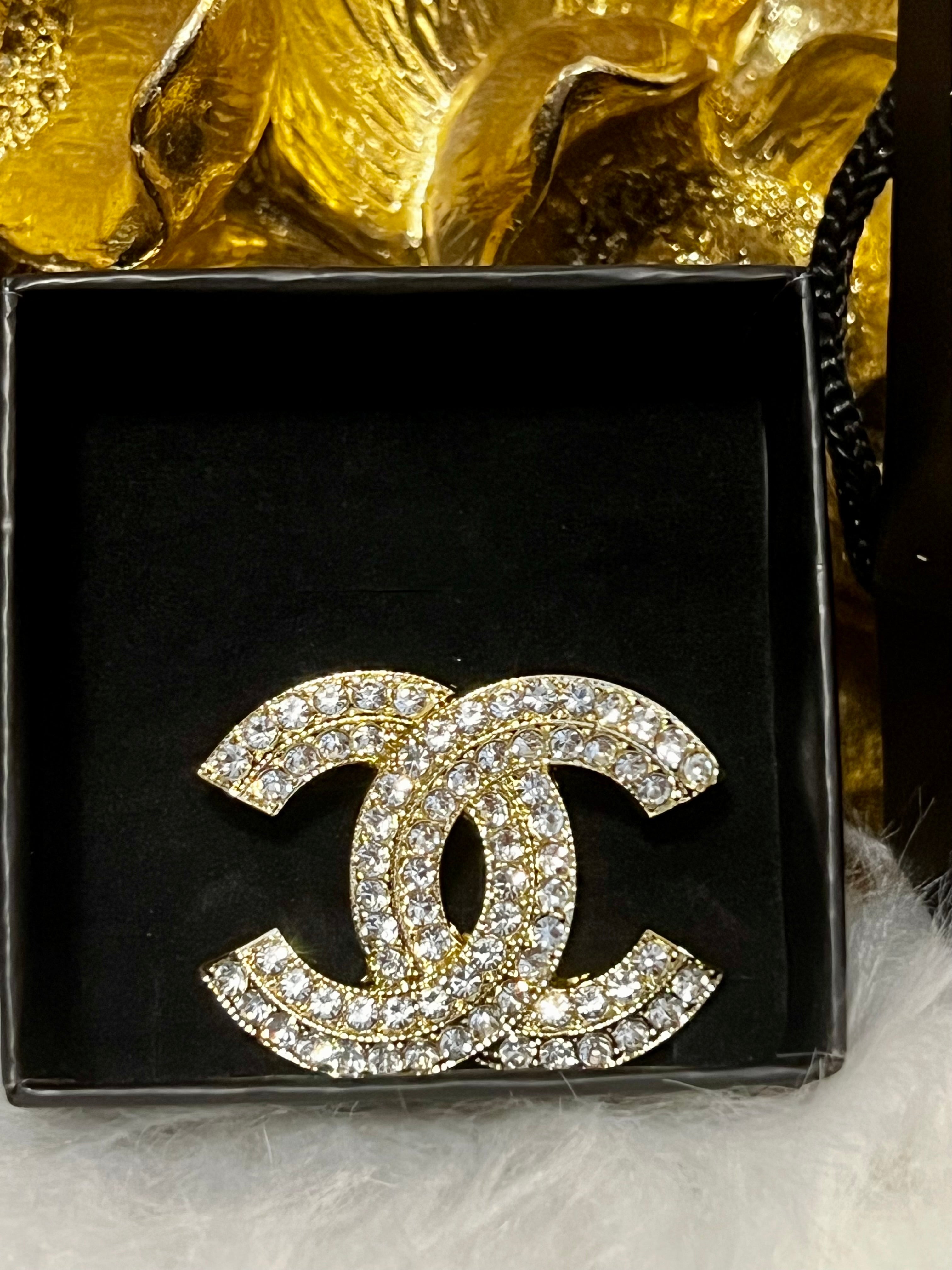 CHANEL Iconic Logo Brooch Gold with Stunning Crystal AccentsB