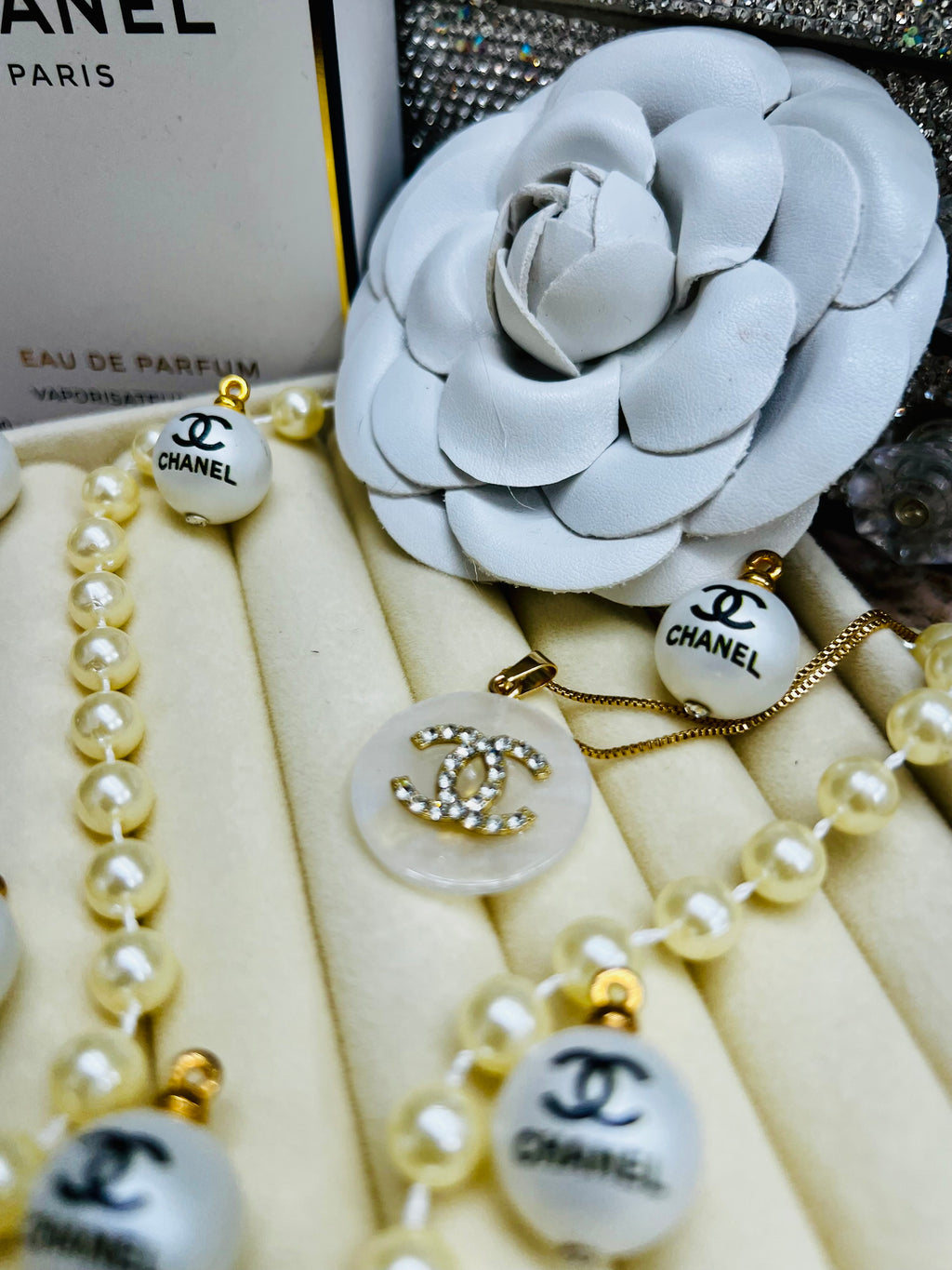 CHANEL White Stone with Gold Lettering Heart Pendant Necklace