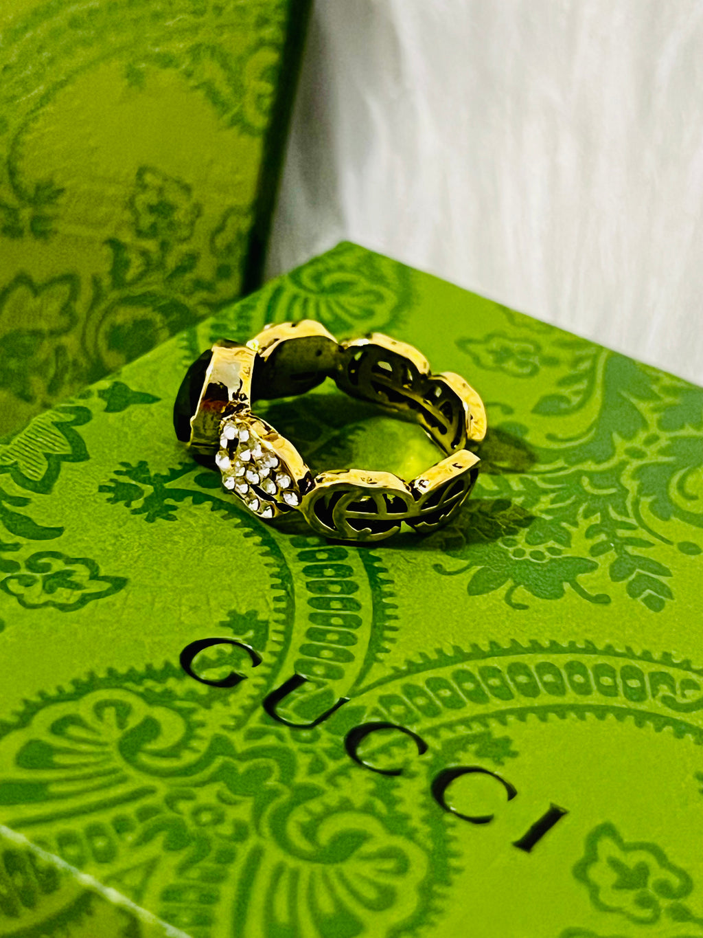 Gucci Gold Ring with Black Stone & Rhinestone Accents