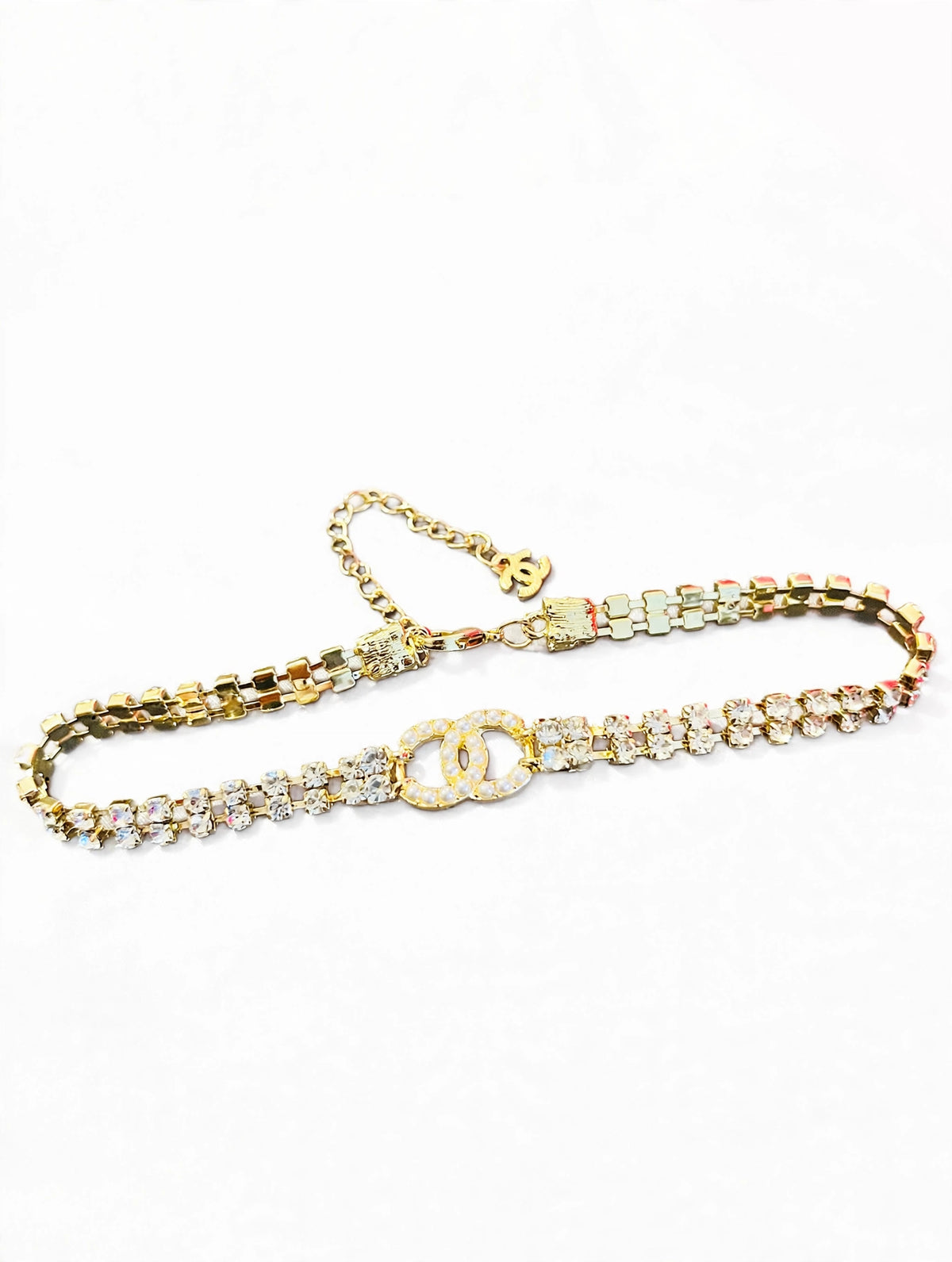 CHANEL Style Gold CC Pearl Crystal Baguette Choker Necklace / 2022 Collection Tennis Choker