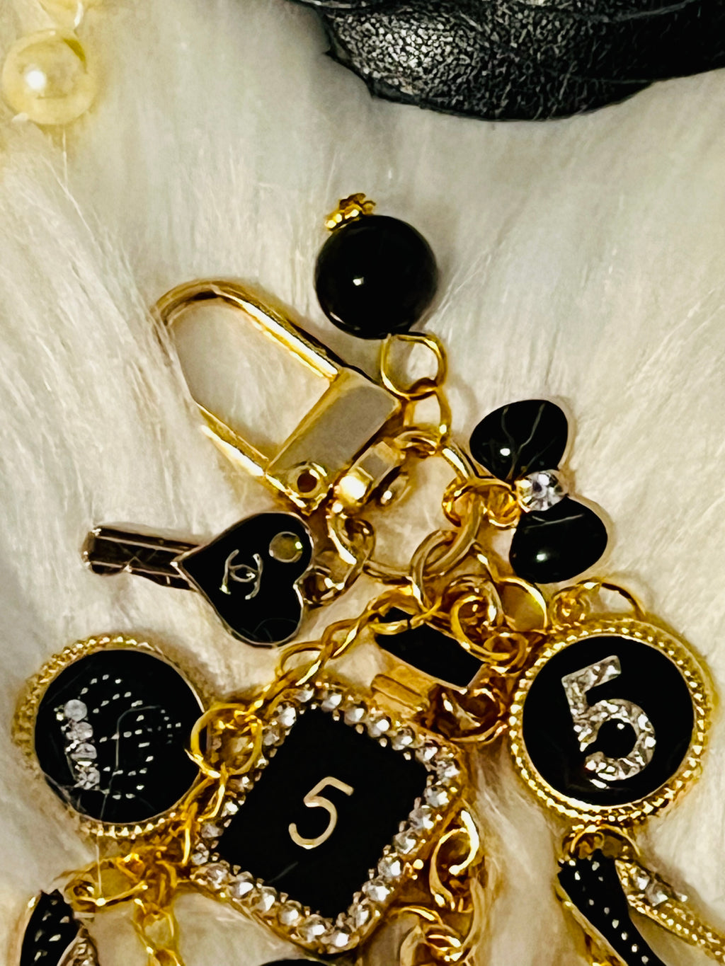 Chanel Inspired all Black Glam Style Bag Charm Keychain- Rhinestone No 5, Stilettos, bow, bag, flower