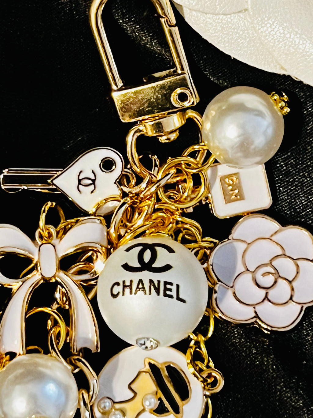 Chanel Inspired Pearl Bag Charm Keychain - White, Camellia, Bow, No 5, Coco logo, Gold Tone