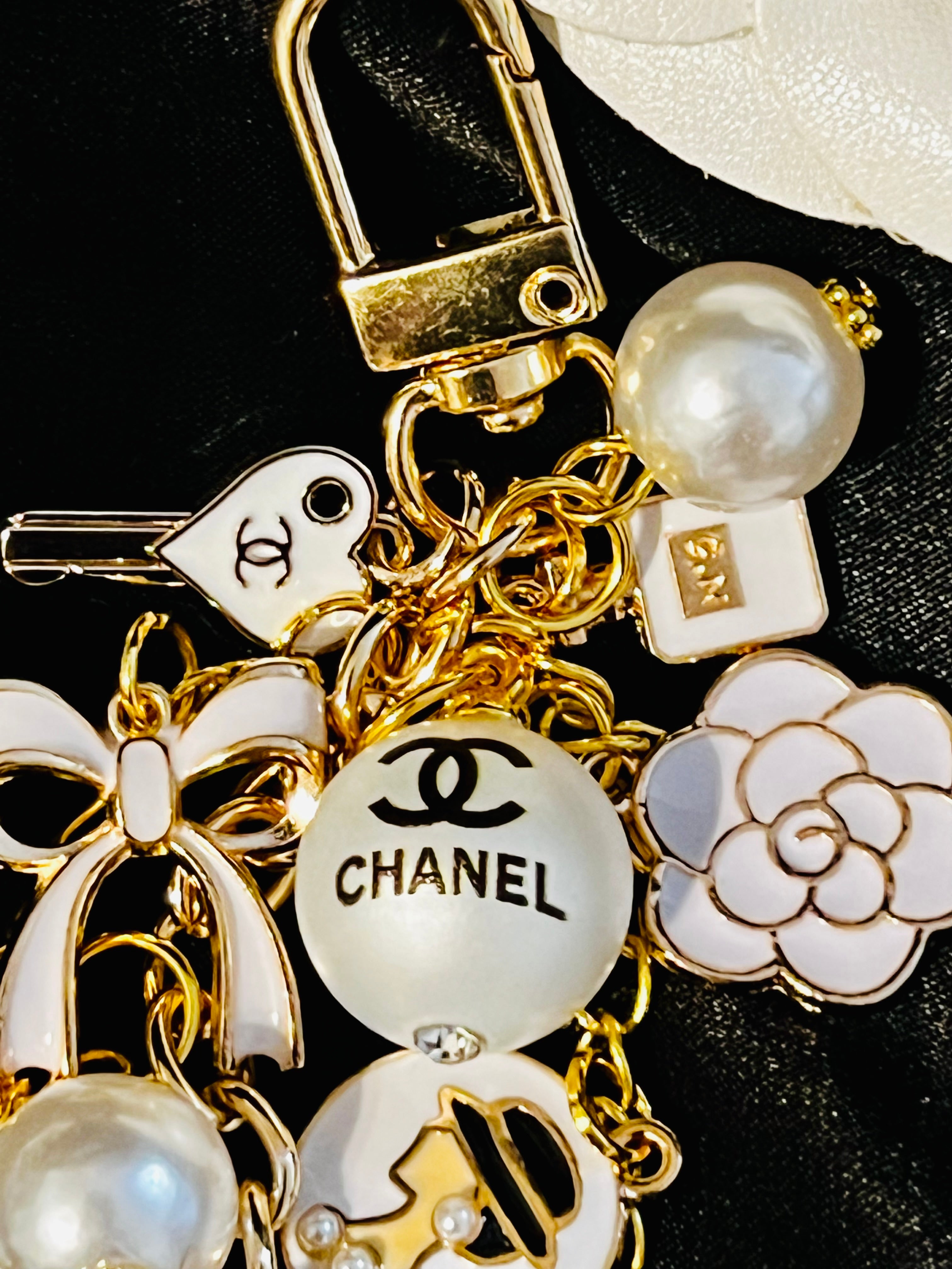 Chanel Inspired Pearl Bag Charm Keychain - White, Camellia, Bow, No 5, Coco logo, Gold Tone