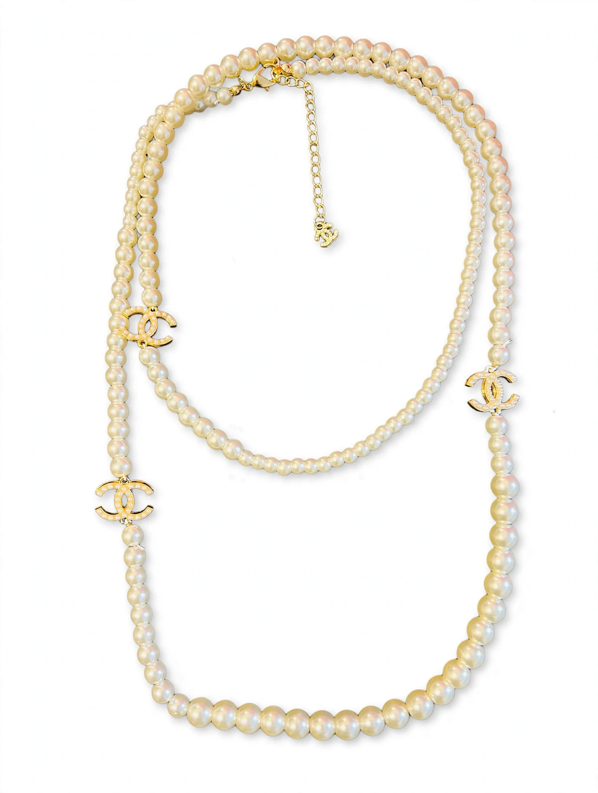 CHANEL Double Strand Pearl Necklace w/ Crystal CC Logos - Graduated Faux Pearls, Gold Tone Extender Chain