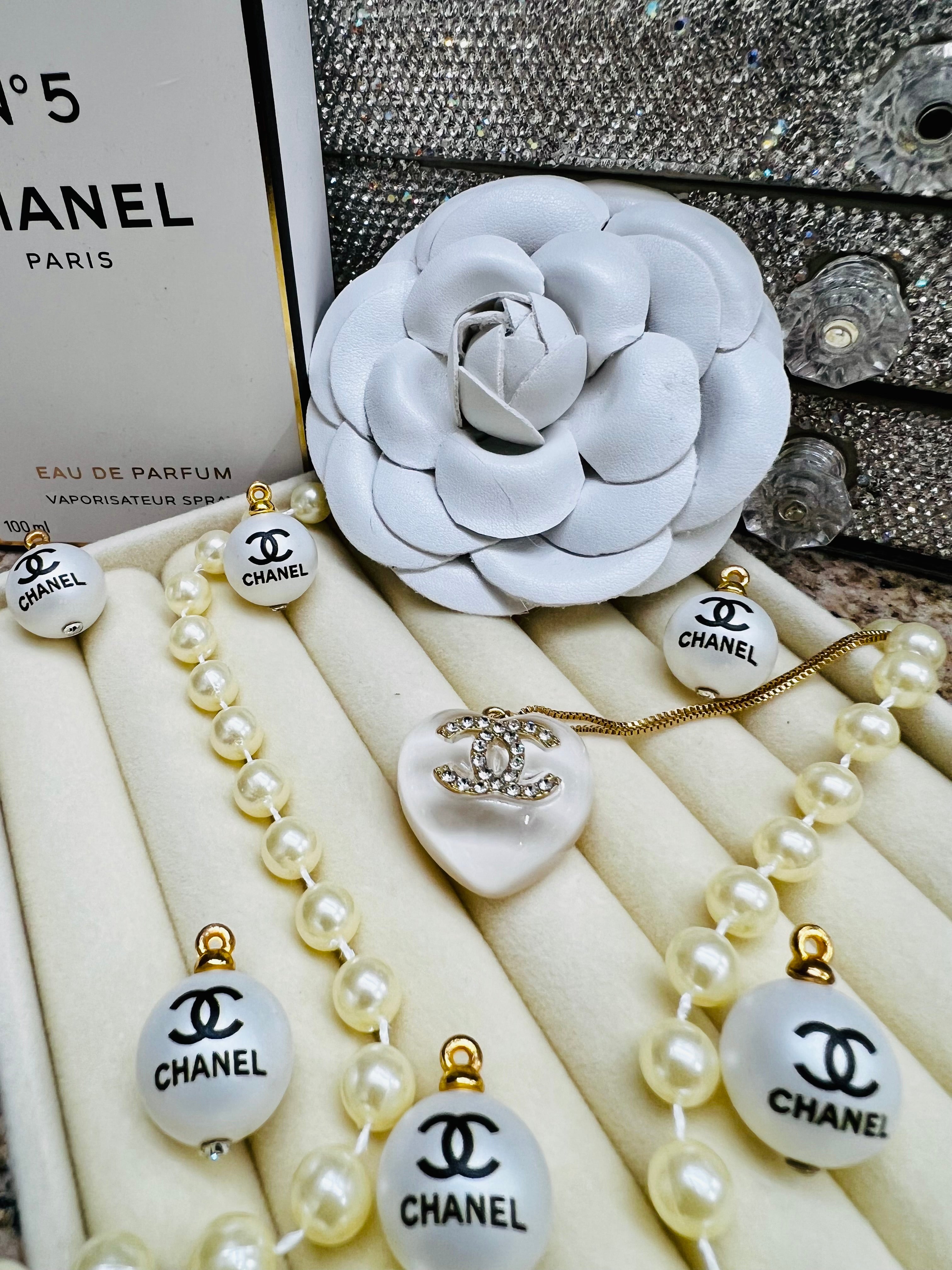 CHANEL White Stone with Gold Lettering Heart Pendant Necklace