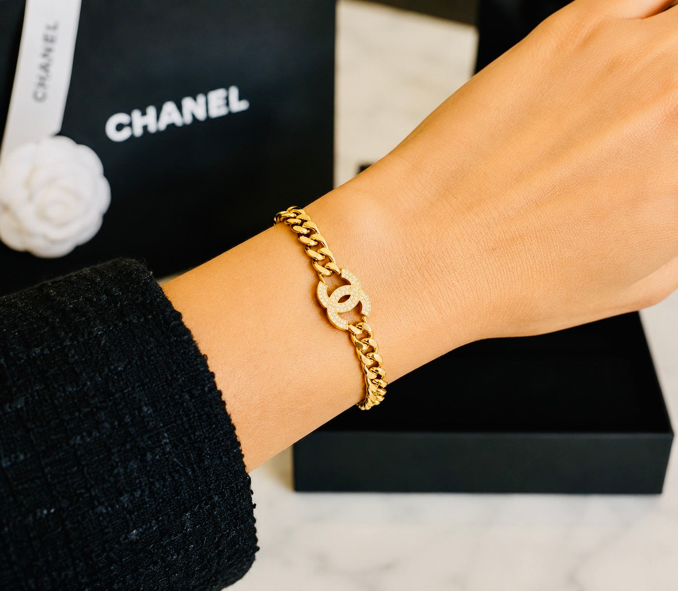 Chanel Logo Cuban Link Golden Bracelet