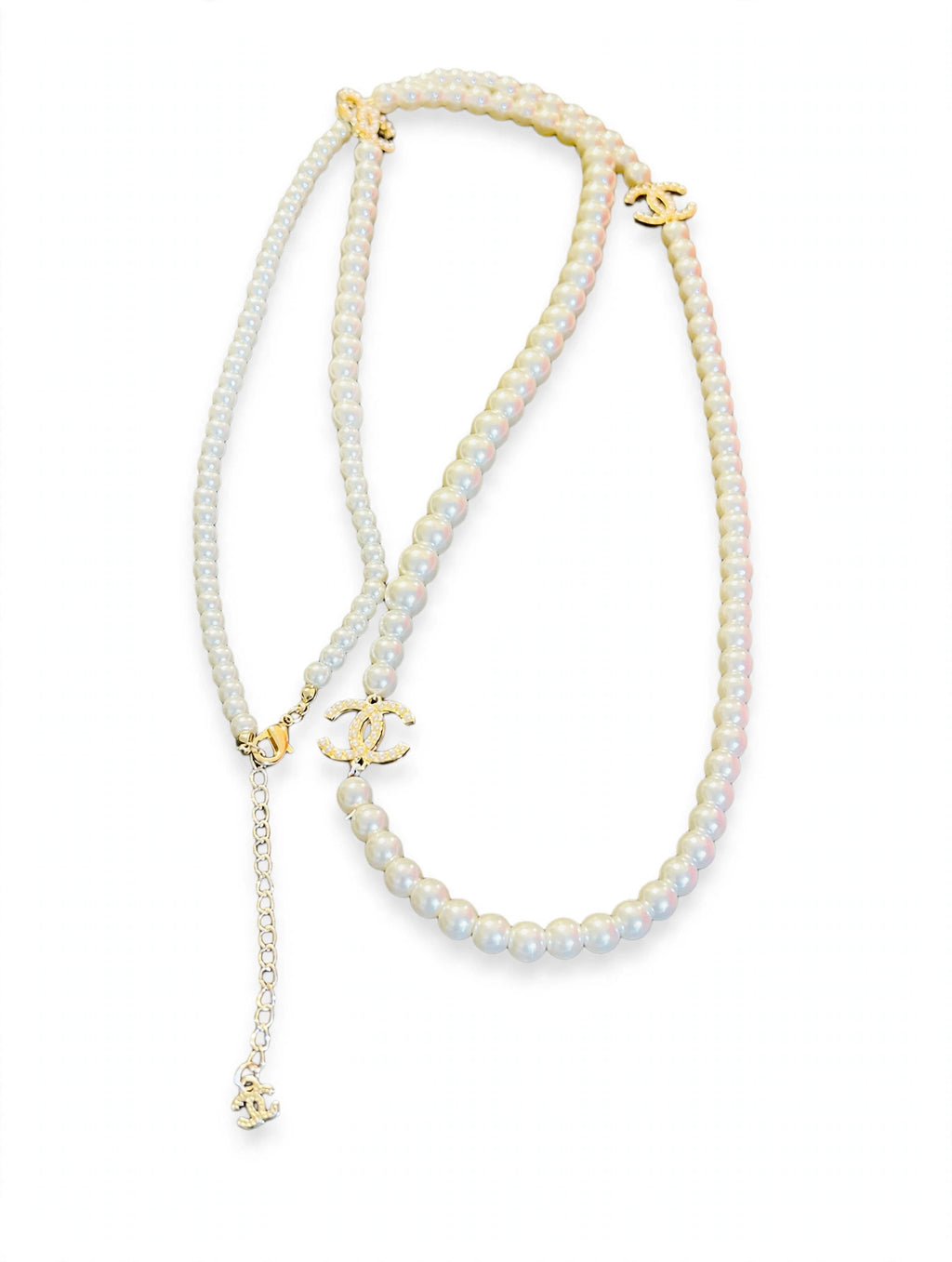 CHANEL Double Strand Pearl Necklace w/ Crystal CC Logos - Graduated Faux Pearls, Gold Tone Extender Chain
