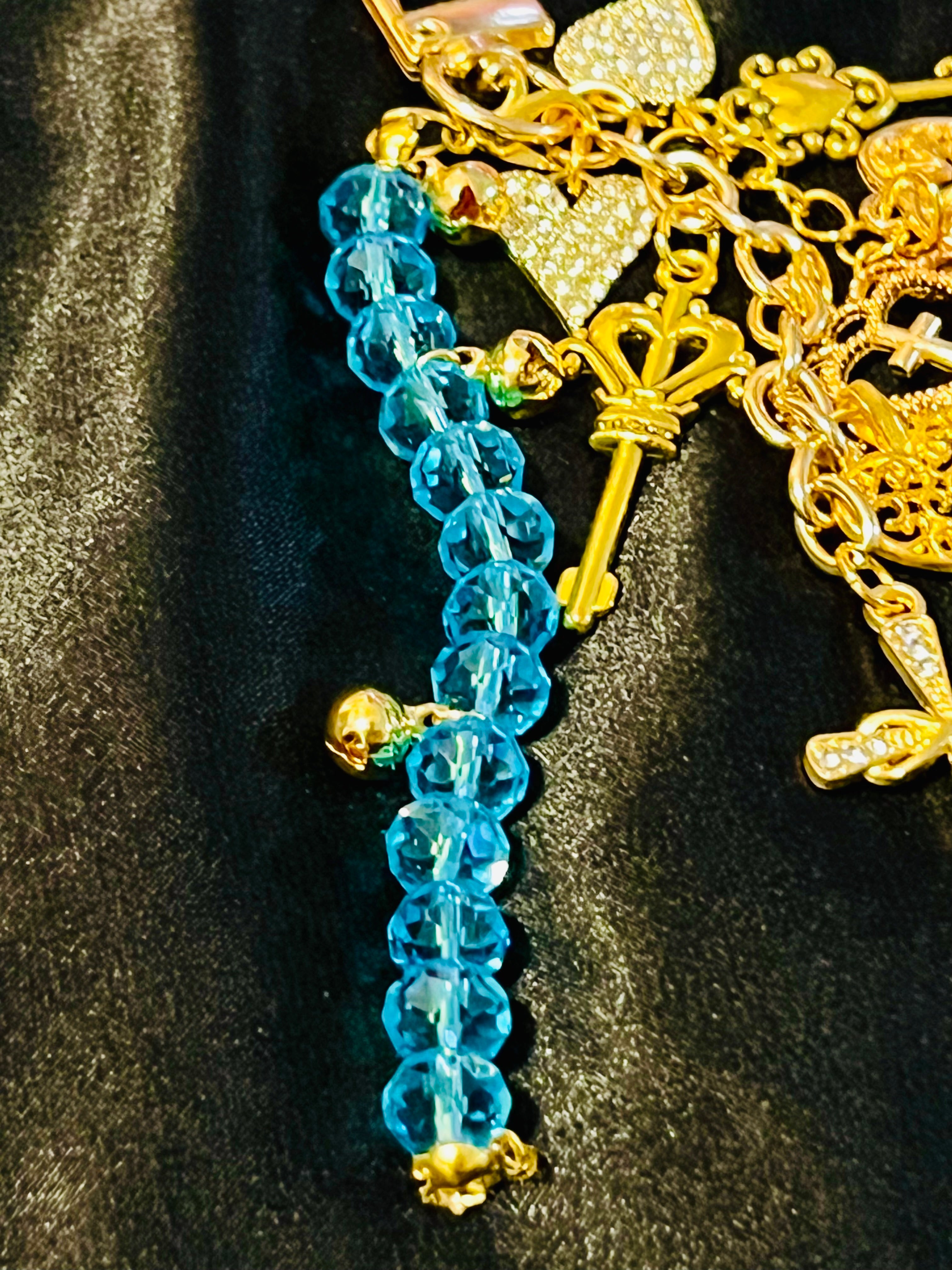 Rhinestone Heart Cross & Key Gold Keychain with Blue Glass & Bell Link