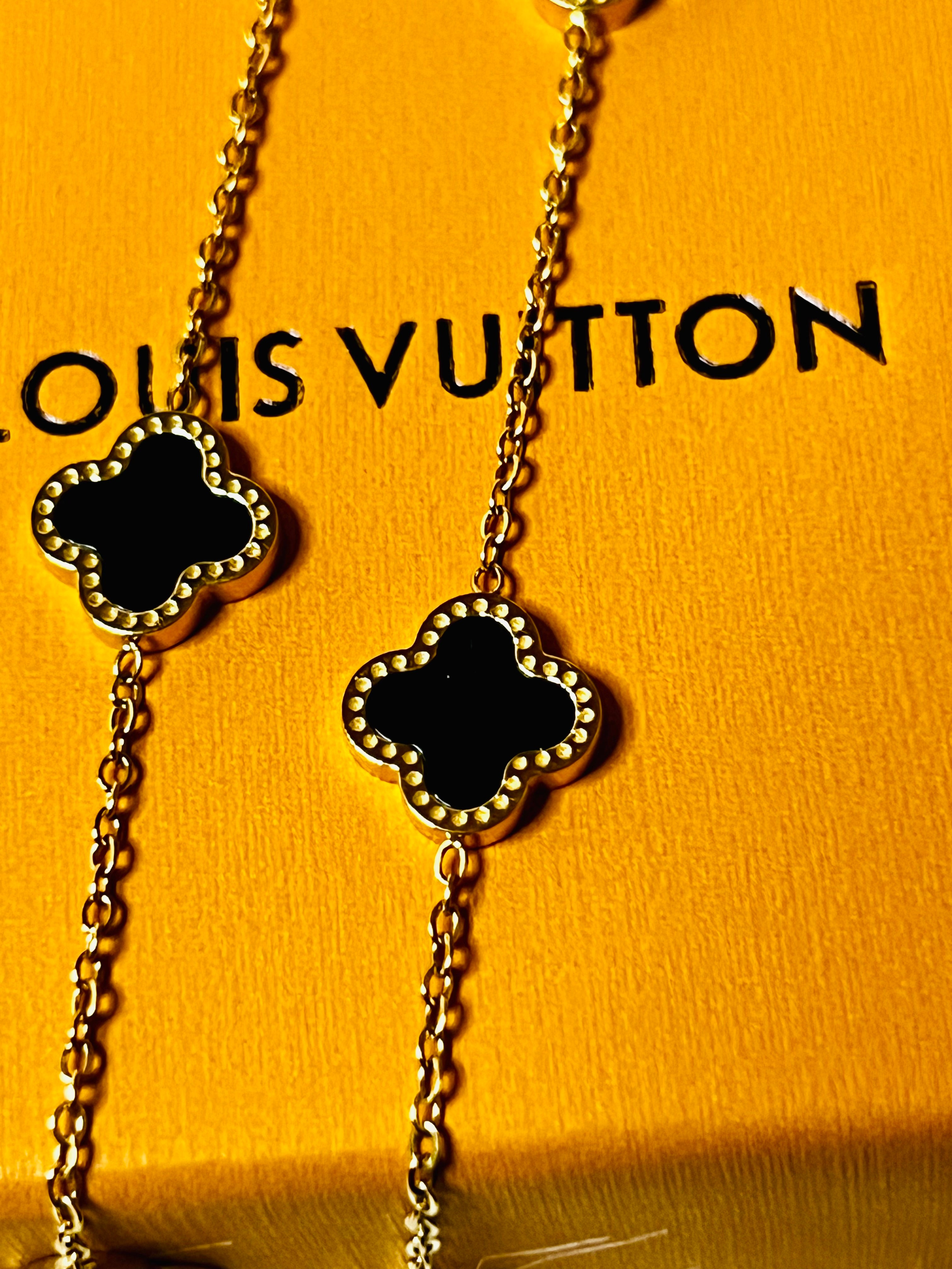 LV Black with Rhinestone Border 4 Leaf Clover Design Gold Necklace