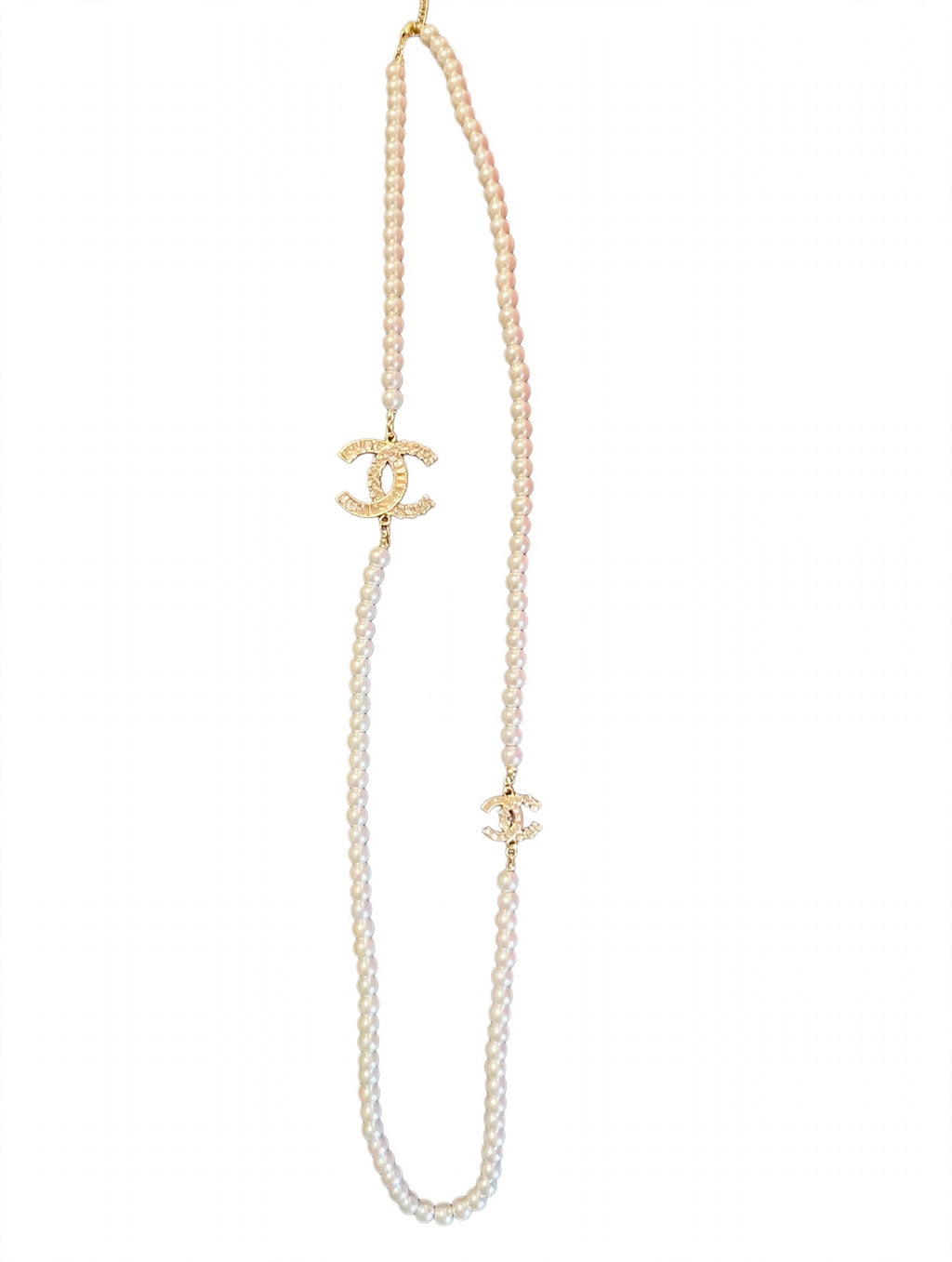 Vintage Chanel Double Strand Faux Pearl Necklace with Crystal Interlocking CC Charms