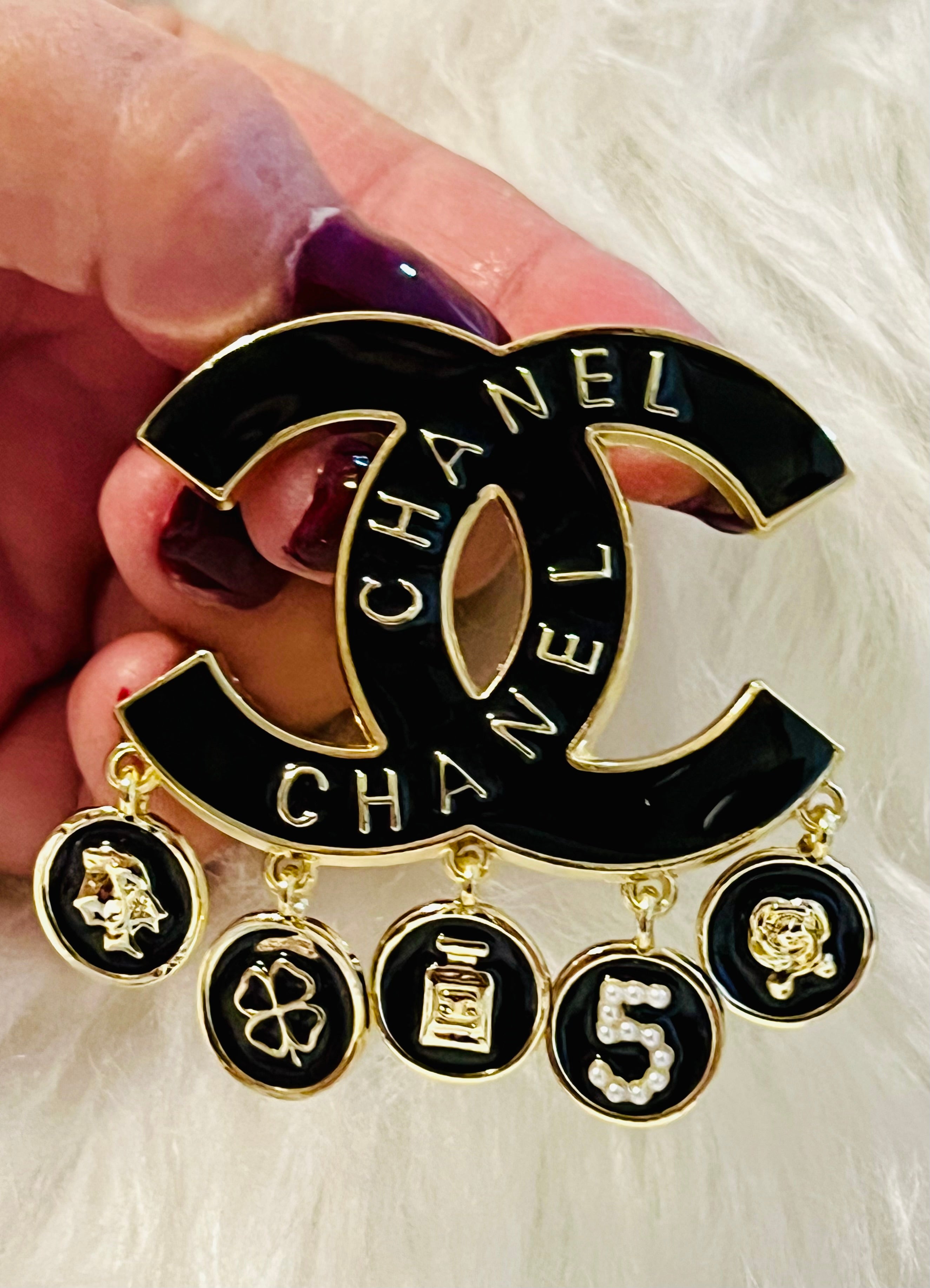 CHANEL Black with Gold Accents Drop Dangle Brooch