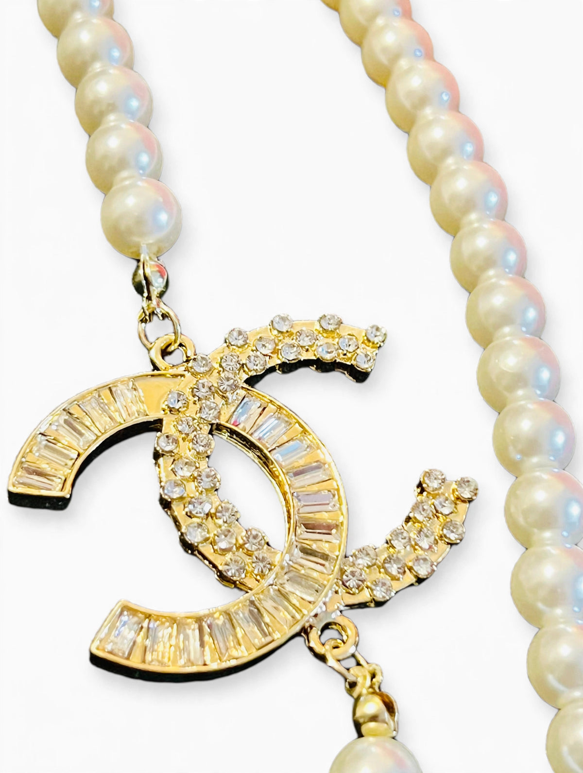 Vintage Chanel Double Strand Faux Pearl Necklace with Crystal Interlocking CC Charms