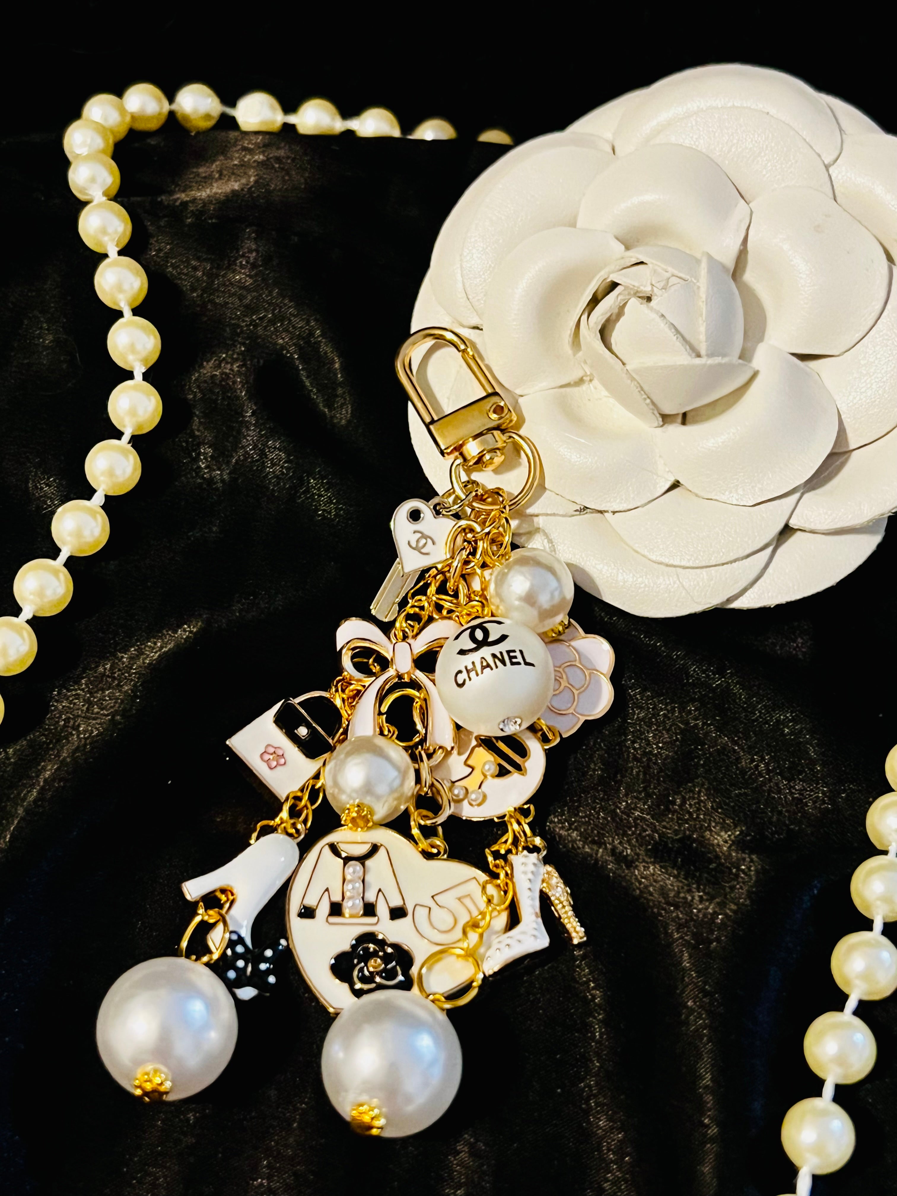 Chanel Inspired Pearl Bag Charm Keychain - White, Camellia, Bow, No 5, Coco logo, Gold Tone