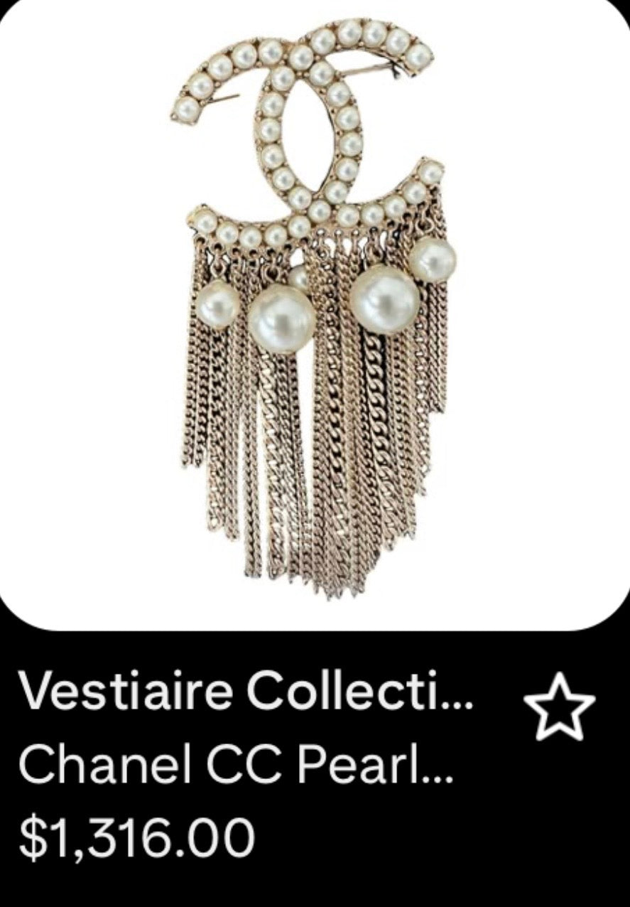 Chanel Pearl set in Gold Fringe Chain Brooch