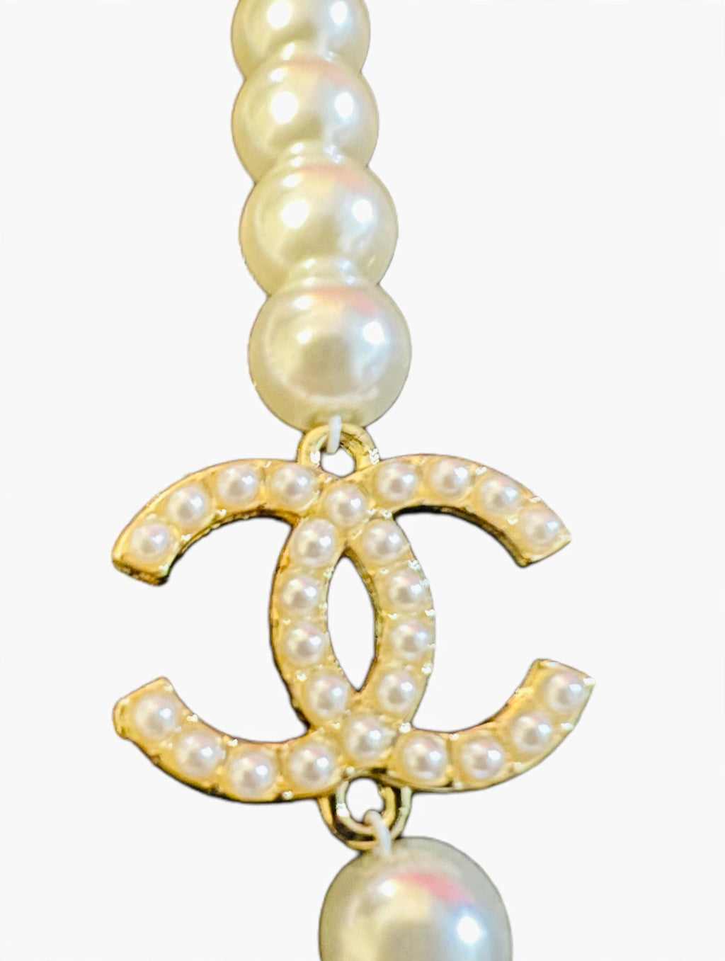 CHANEL Double Strand Pearl Necklace w/ Crystal CC Logos - Graduated Faux Pearls, Gold Tone Extender Chain