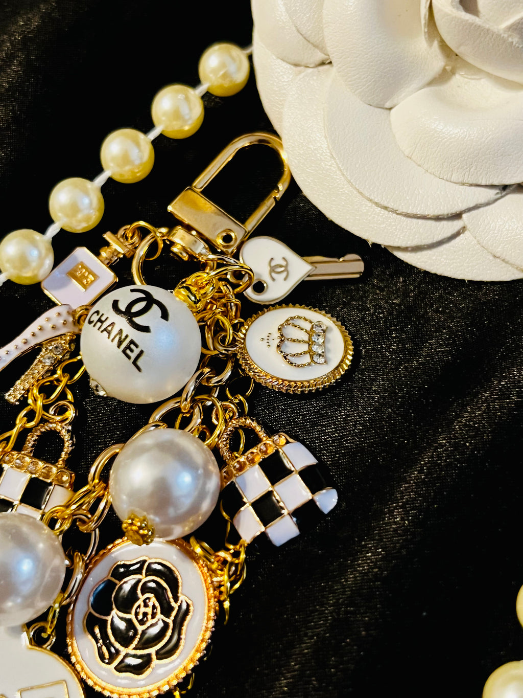 Chanel Inspired Pearl Bag Charm- white Black gold keychain, No 5 Heart, Camellia, High Heel, and Mini Bags