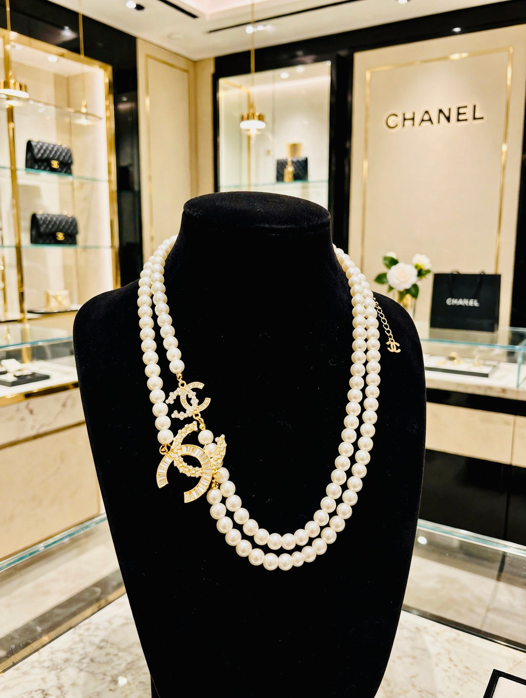 Vintage Chanel Double Strand Faux Pearl Necklace with Crystal Interlocking CC Charms
