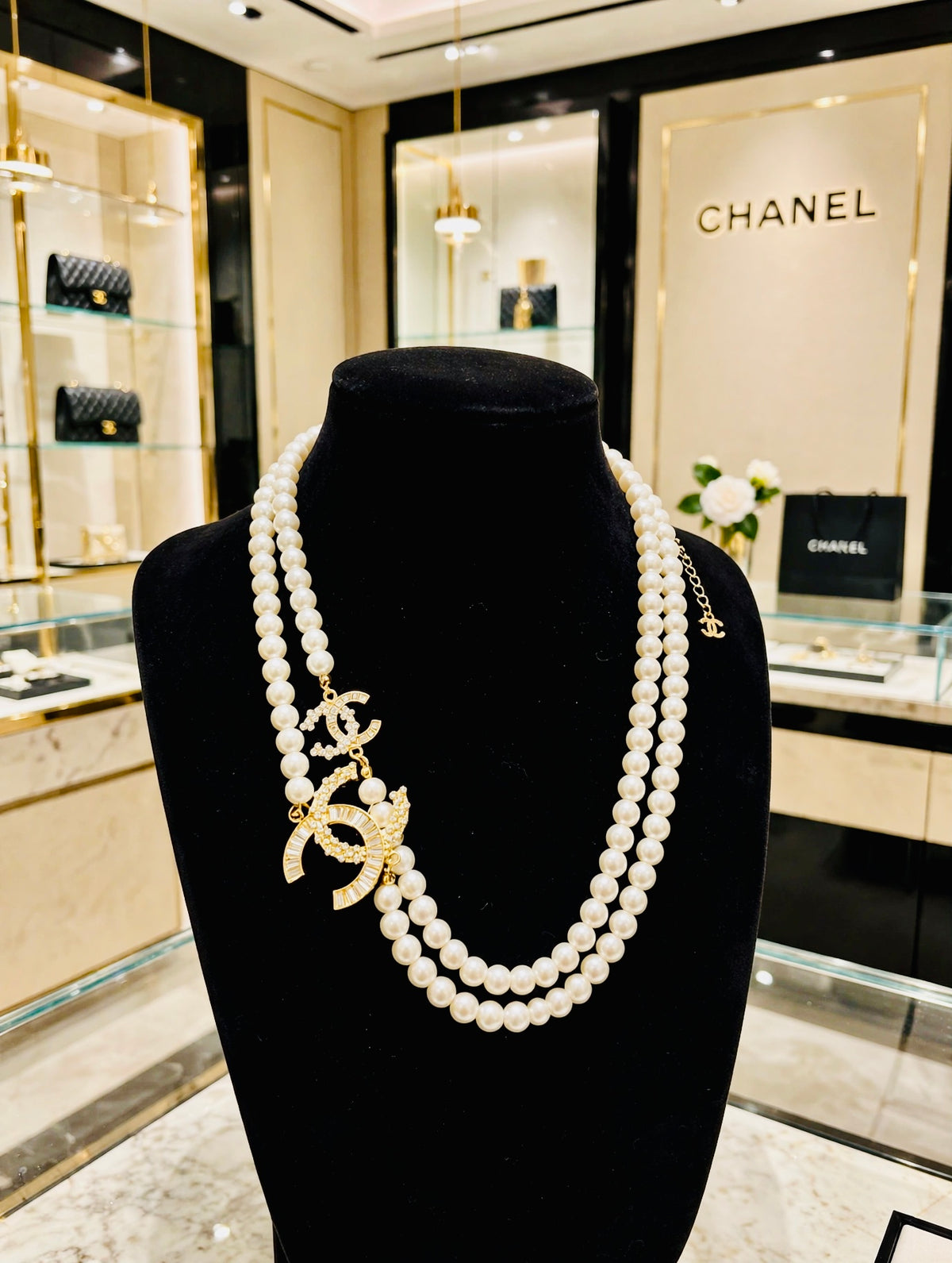 Vintage Chanel Double Strand Faux Pearl Necklace with Crystal Interlocking CC Charms