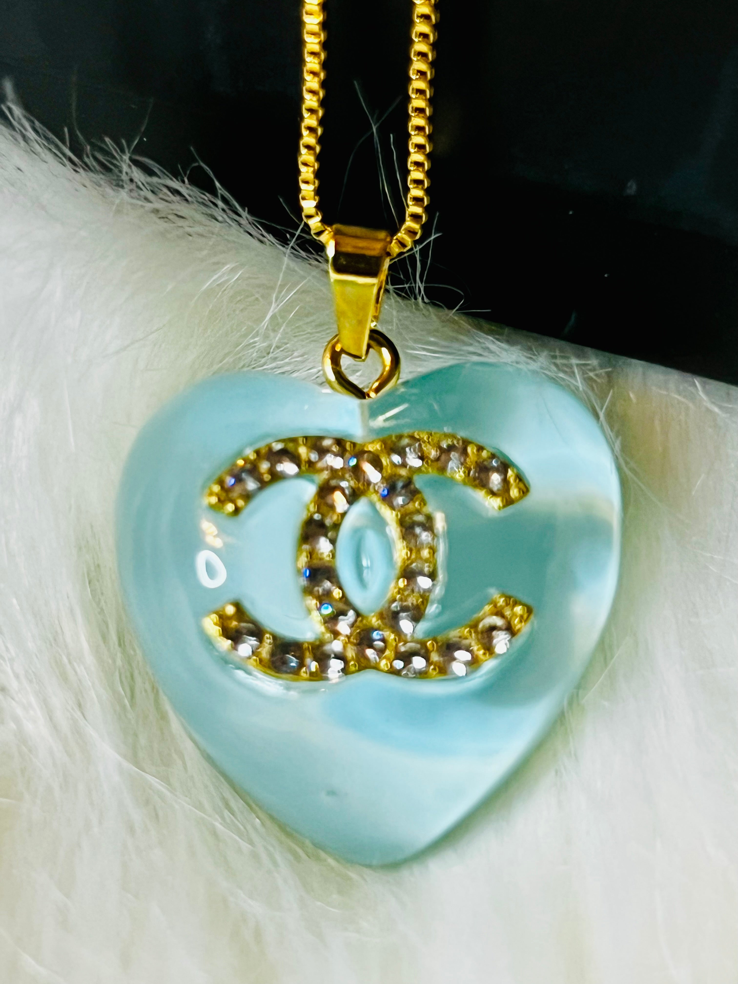 CHANEL Blue Stone with Gold Lettering Heart Pendant Necklace