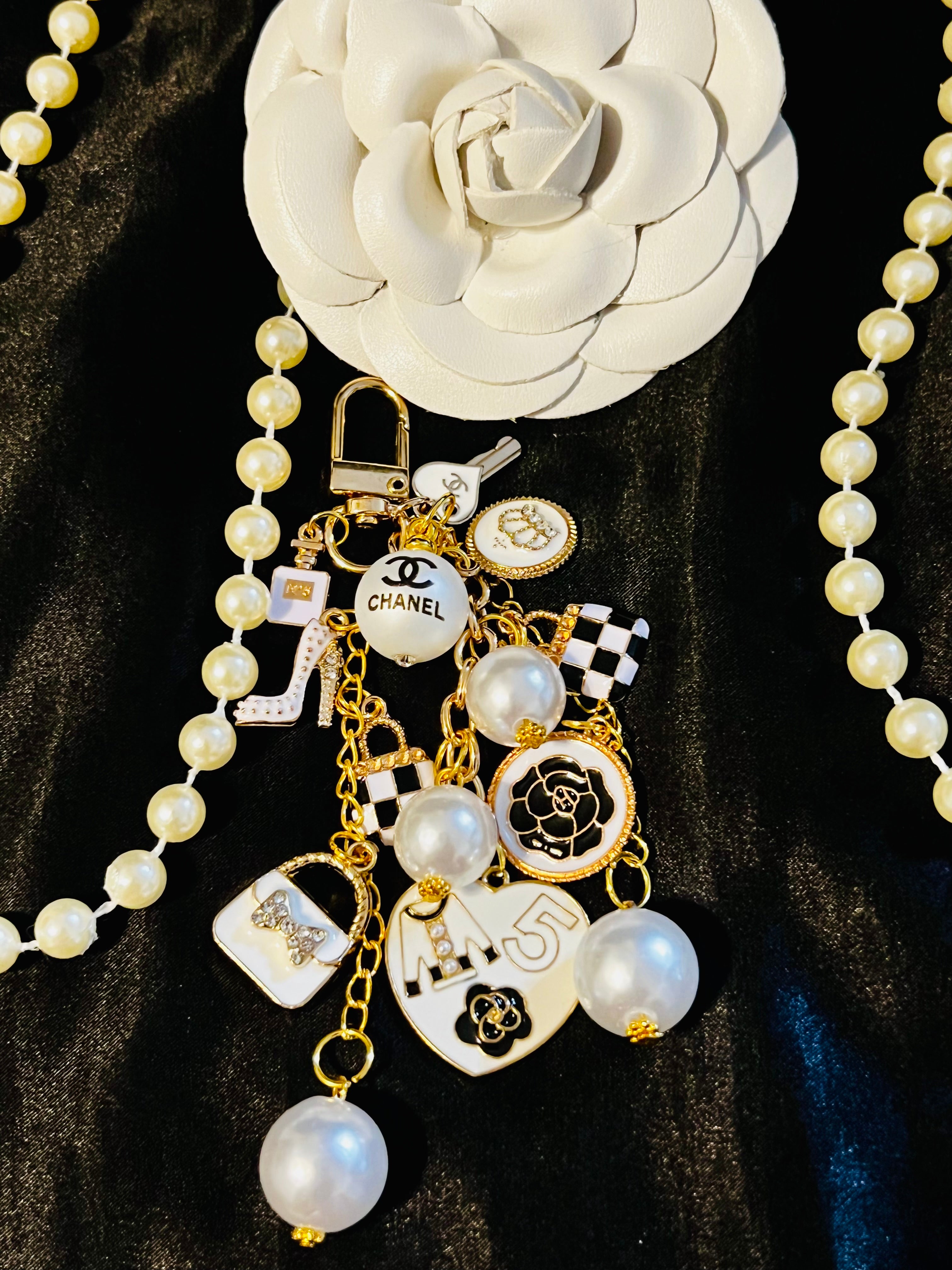 Chanel Inspired Pearl Bag Charm- white Black gold keychain, No 5 Heart, Camellia, High Heel, and Mini Bags