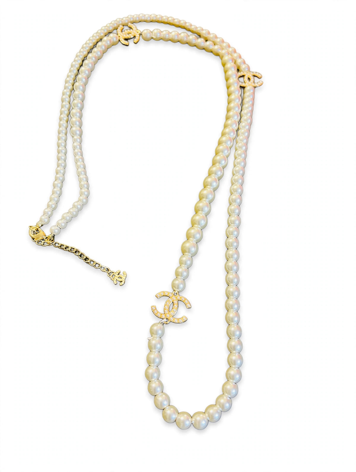 CHANEL Double Strand Pearl Necklace w/ Crystal CC Logos - Graduated Faux Pearls, Gold Tone Extender Chain