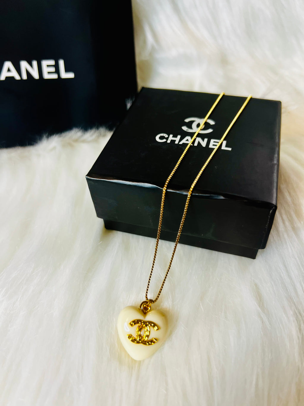 CHANEL White Stone with Gold Lettering Heart Pendant Necklace