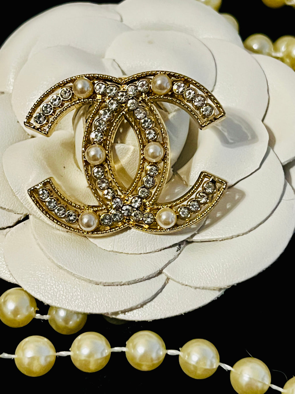 Stunning CHANEL Gold Crystal Brooch with Pearl Accents