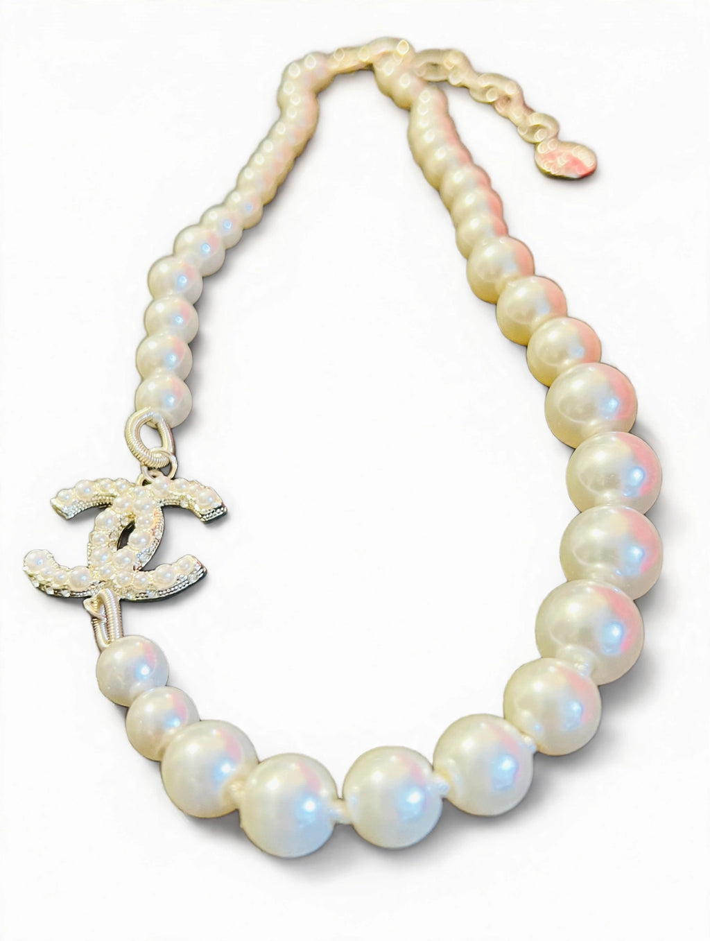CHANEL Graduated Faux Pearl Choker Necklace CC Logo Inline Pearl CC + 100 Tag Extender 16"