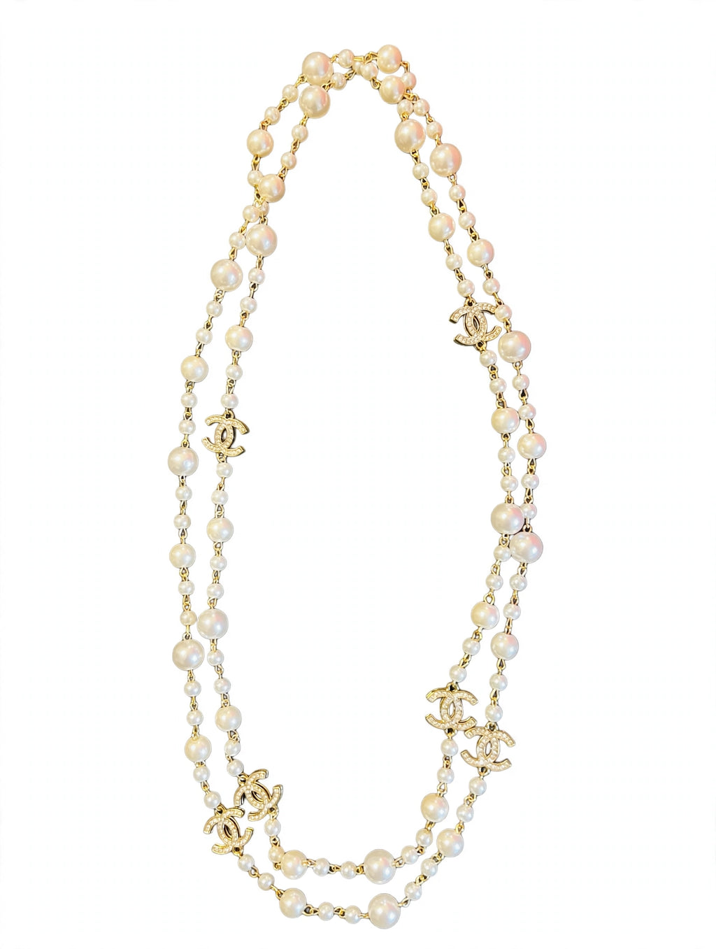 Vintage Chanel Long Pearl Sautoir Necklace - Gold Chain with Graduated Pearls & Crystal CC Charms - 36"