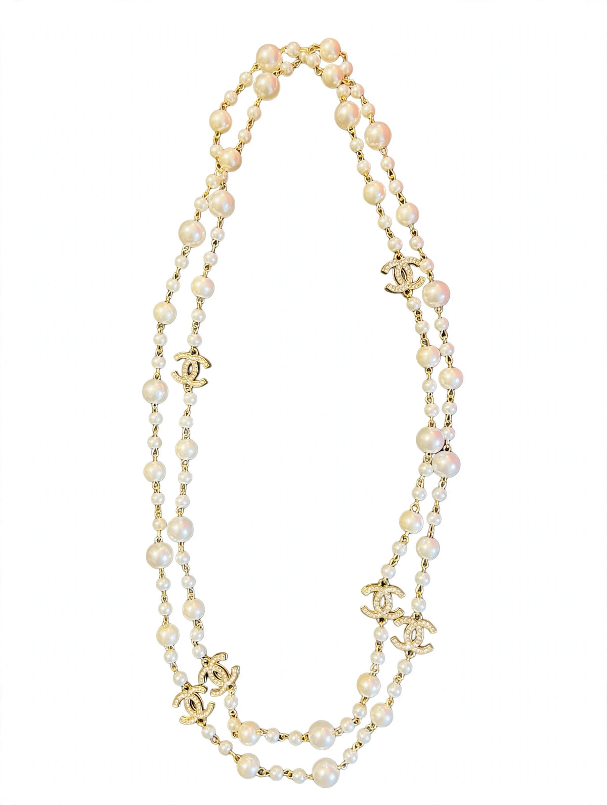 Vintage Chanel Long Pearl Sautoir Necklace - Gold Chain with Graduated Pearls & Crystal CC Charms - 36"