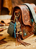 Rhinestone Heart Cross & Key Gold Keychain with Blue Glass & Bell Link