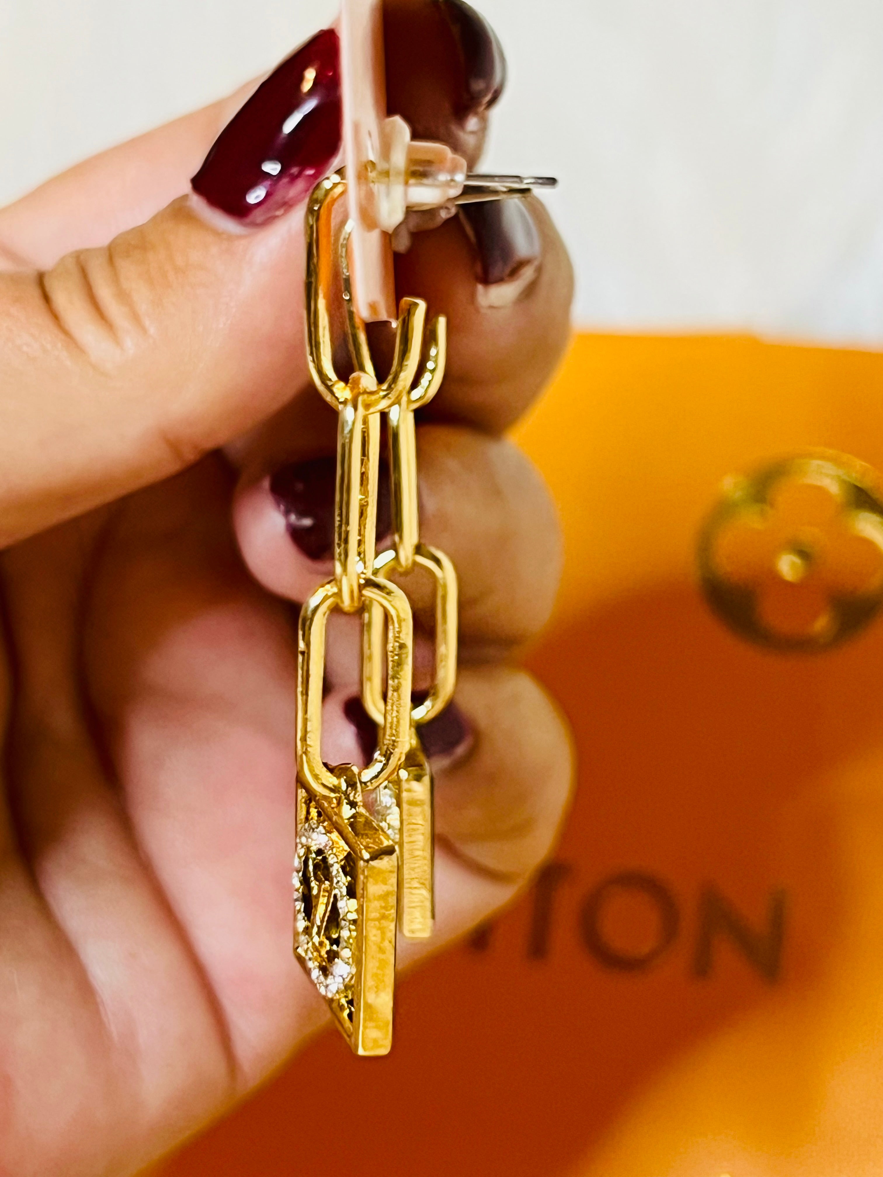 LV Logo Gold & Black with Rhinestone Accent Earrings