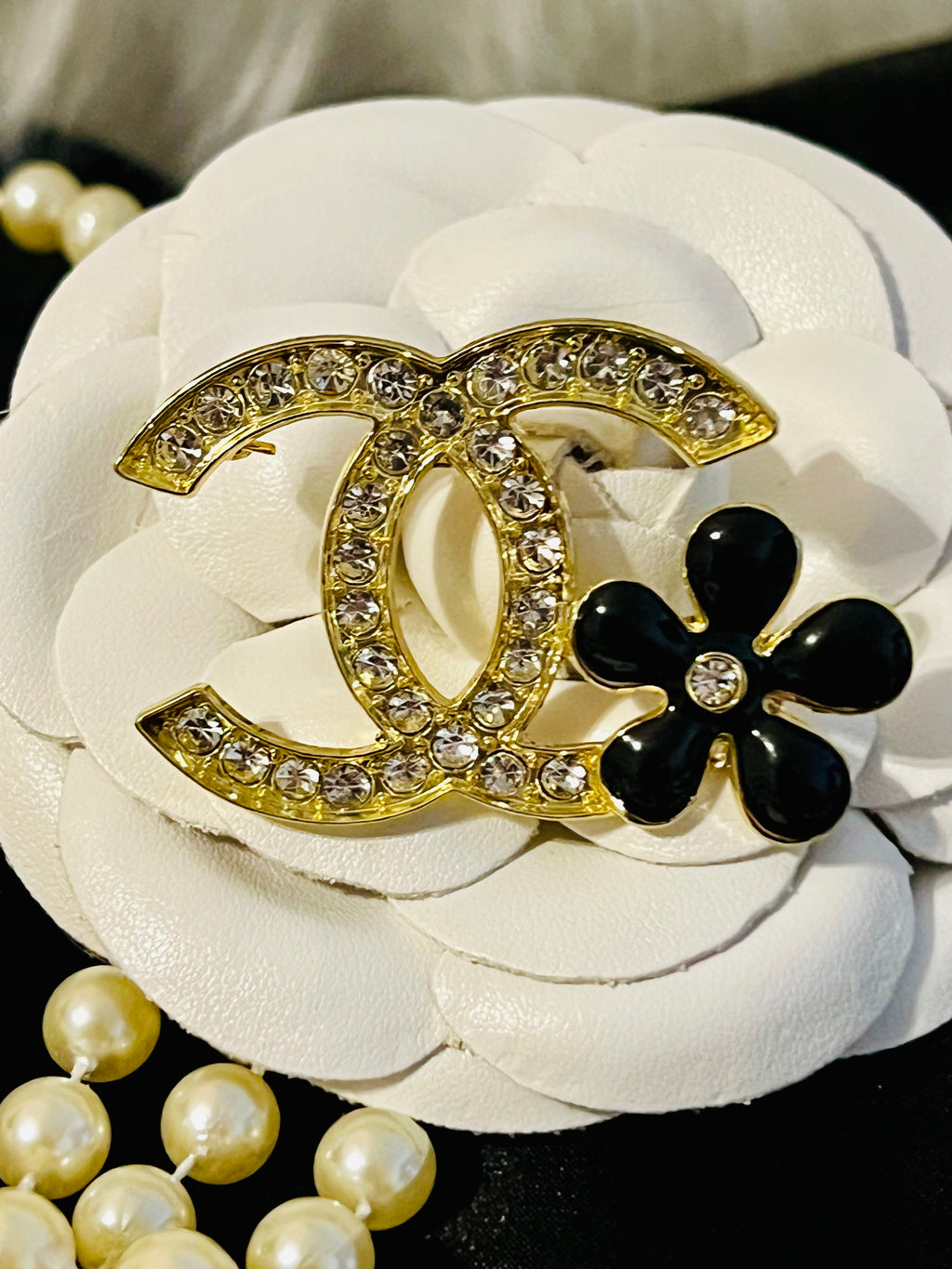 CHANEL Gold Rhinestone with Black Flower Brooch