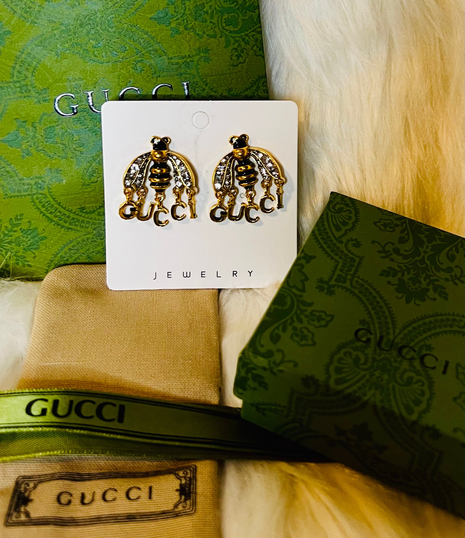 Gucci Unique Gold & Black Bee with Rhinestone Wings Drop Down Logo