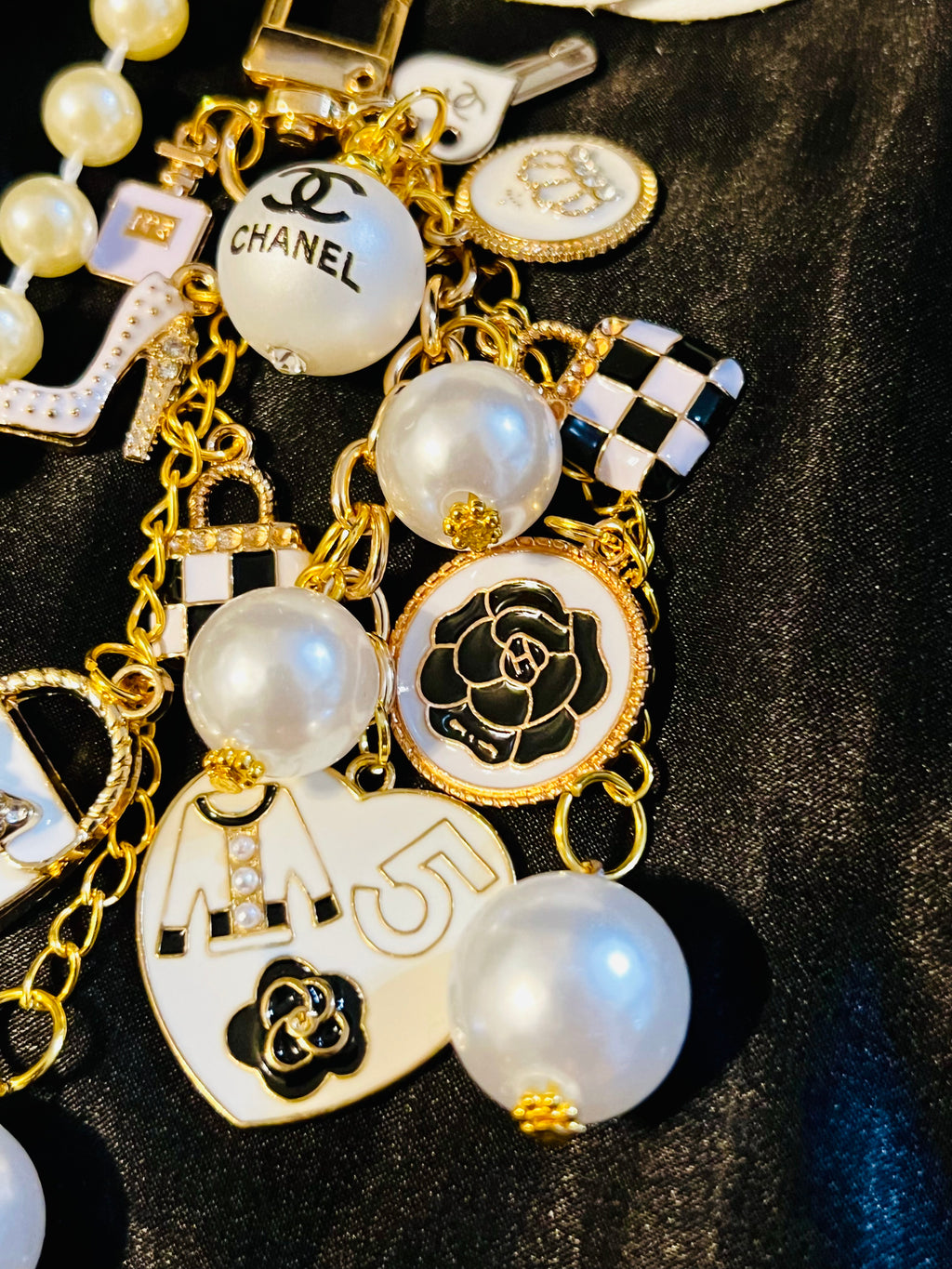 Chanel Inspired Pearl Bag Charm- white Black gold keychain, No 5 Heart, Camellia, High Heel, and Mini Bags