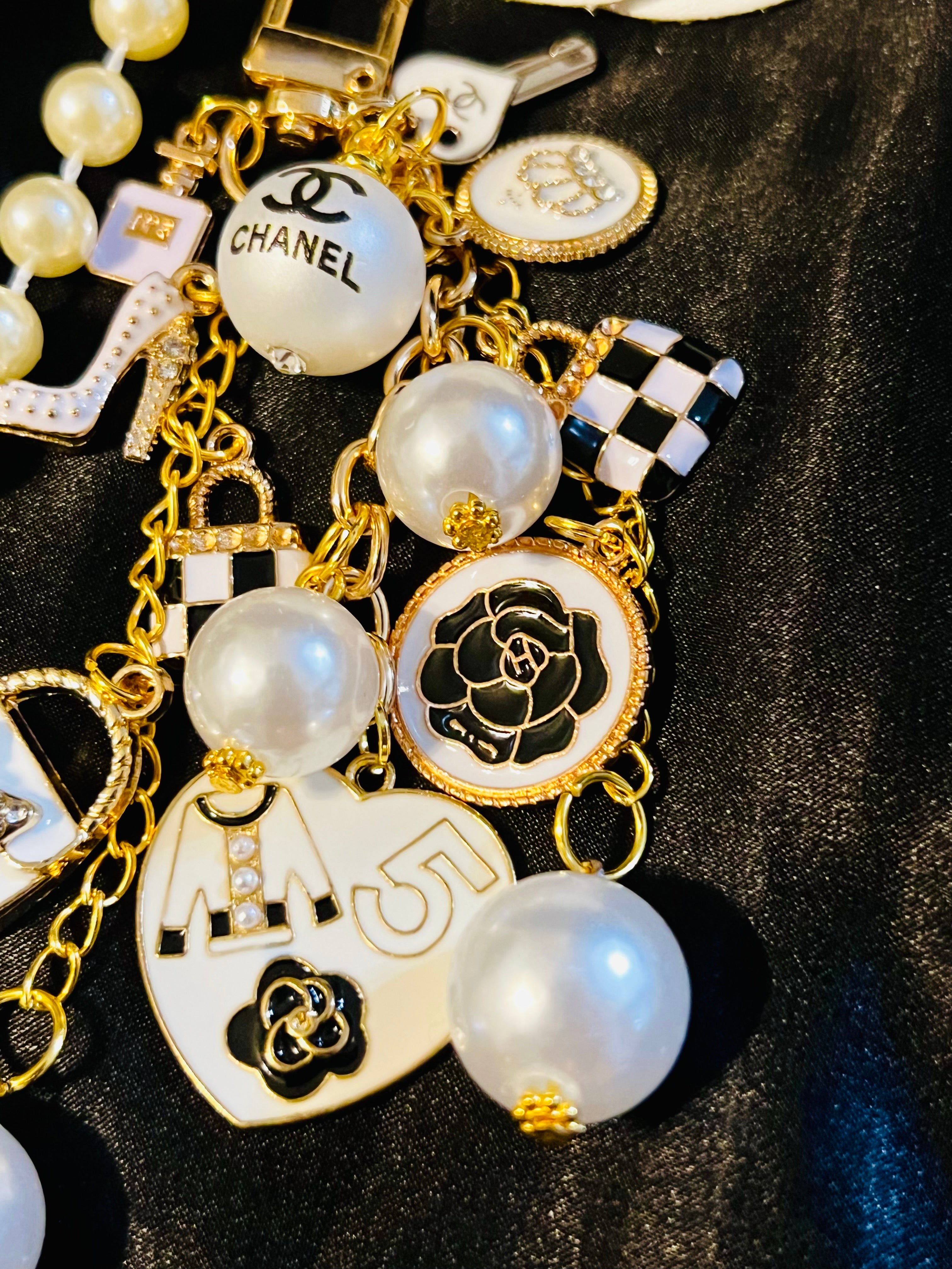 Chanel Inspired Pearl Bag Charm- white Black gold keychain, No 5 Heart, Camellia, High Heel, and Mini Bags
