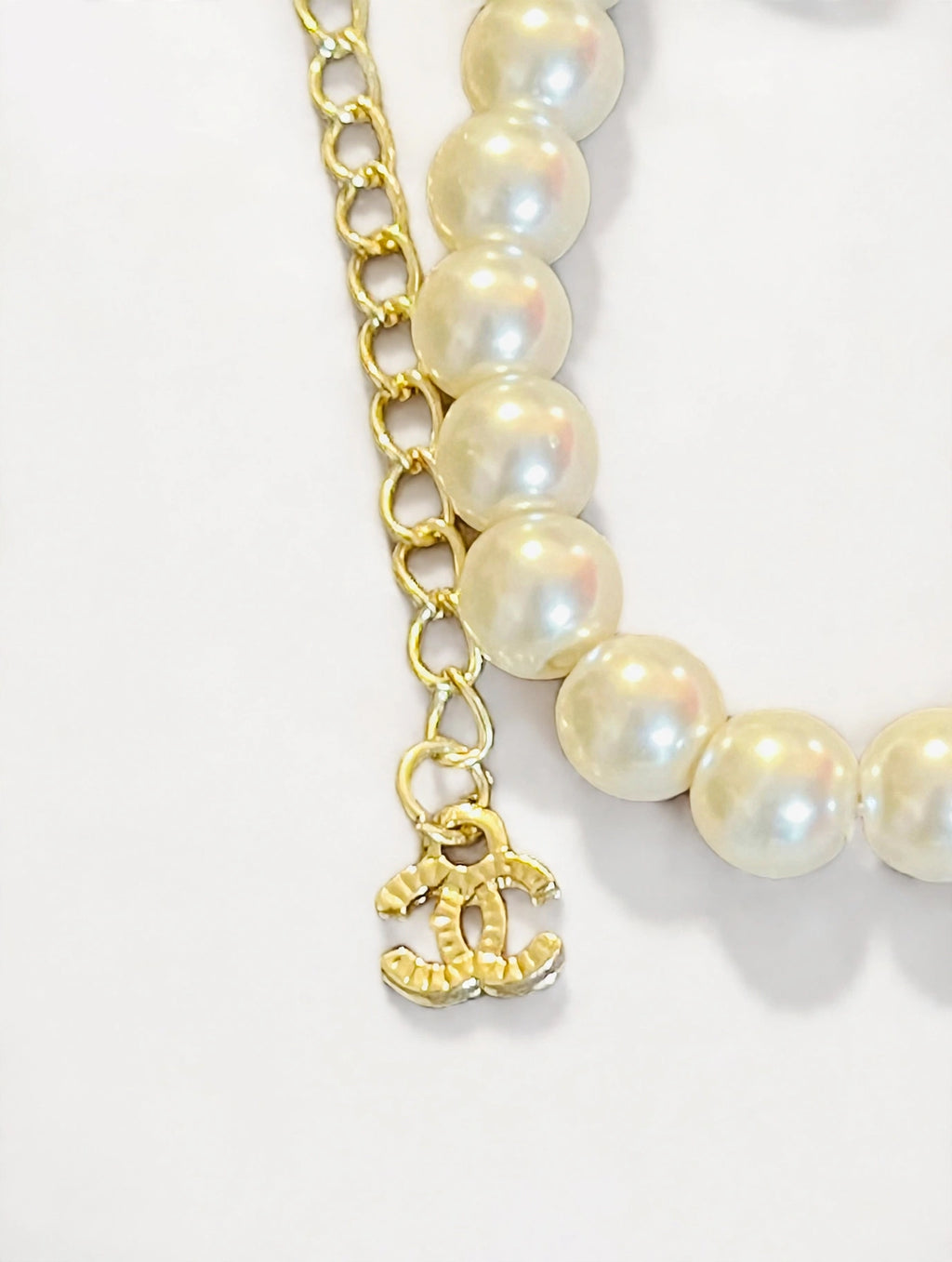 CHANEL Double Strand Pearl Necklace w/ Crystal CC Logos - Graduated Faux Pearls, Gold Tone Extender Chain