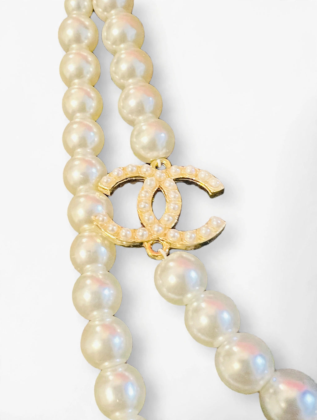 CHANEL Double Strand Pearl Necklace w/ Crystal CC Logos - Graduated Faux Pearls, Gold Tone Extender Chain